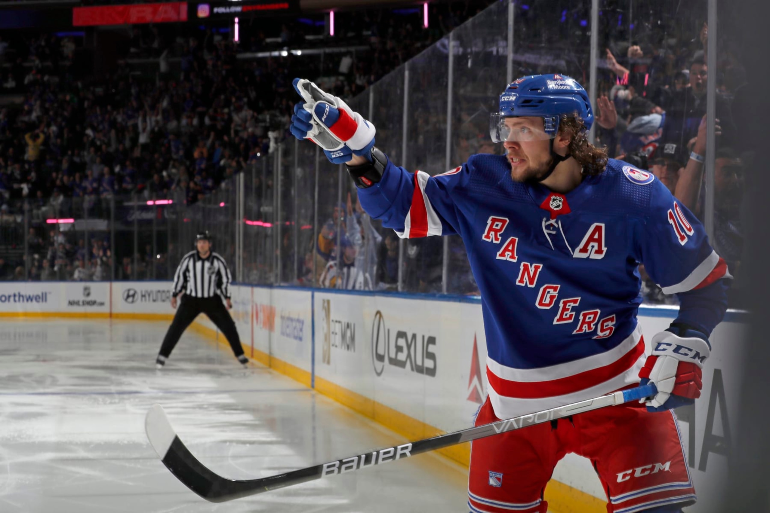 NEW YORK, NY - JUNE 01: Artemi Panarin #10 of the New York Rangers reacts after scoring a goal during the third period in Game One of the Eastern Conference Final of the 2022 Stanley Cup Playoffs against the Tampa Bay Lightning at Madison Square Garden on June 1, 2022 in New York City. (Photo by Jared Silber/NHLI via Getty Images)