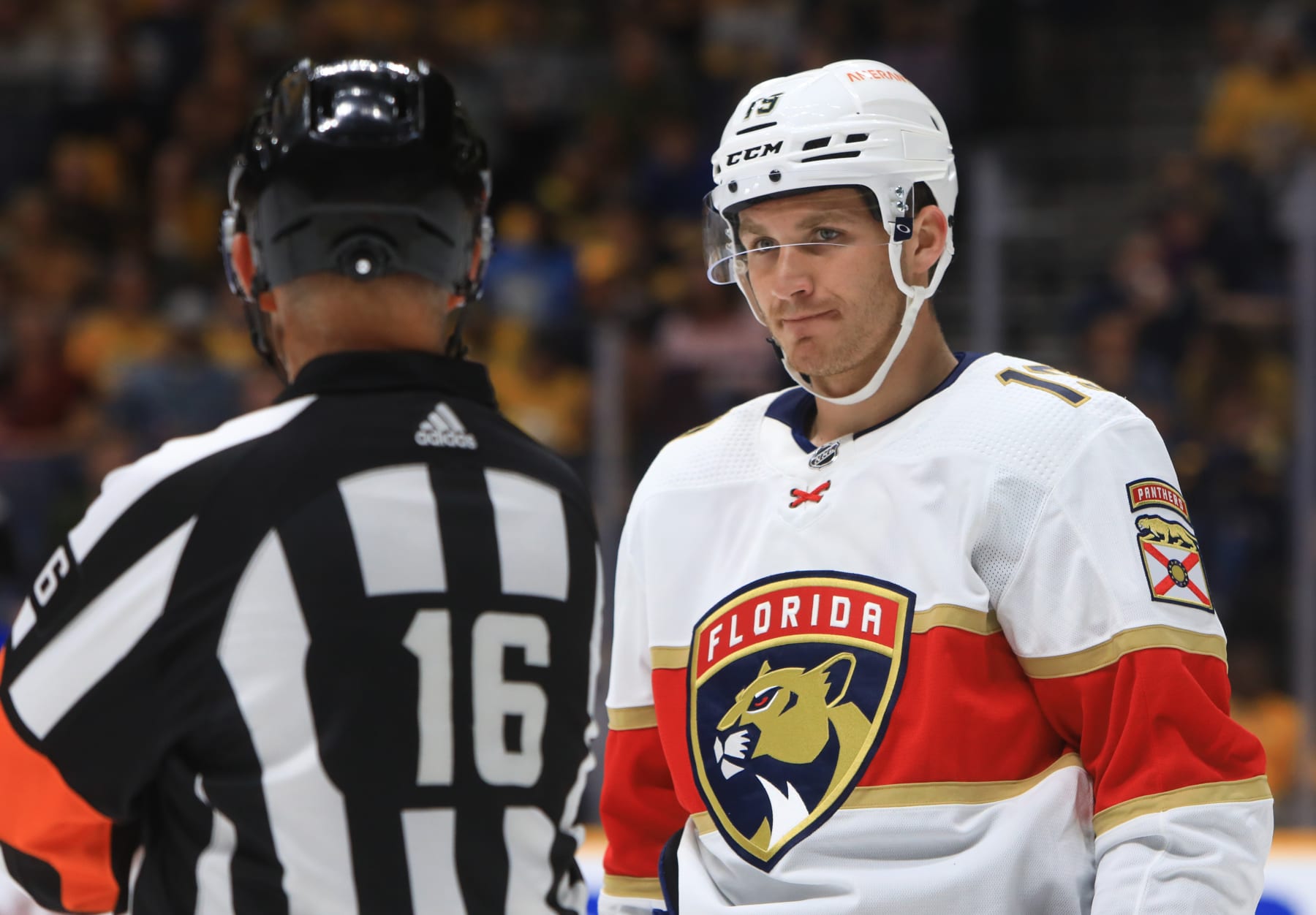 NASHVILLE, TN - SEPTEMBER 26: Florida Panthers left wing Matthew Tkachuk (19) talks with referee Brian Pochmara (16) during the second preseason game between the Nashville Predators and Florida Panthers, held on September 26, 2022, at Bridgestone Arena in Nashville, Tennessee.  (Photo by Danny Murphy/Icon Sportswire via Getty Images)