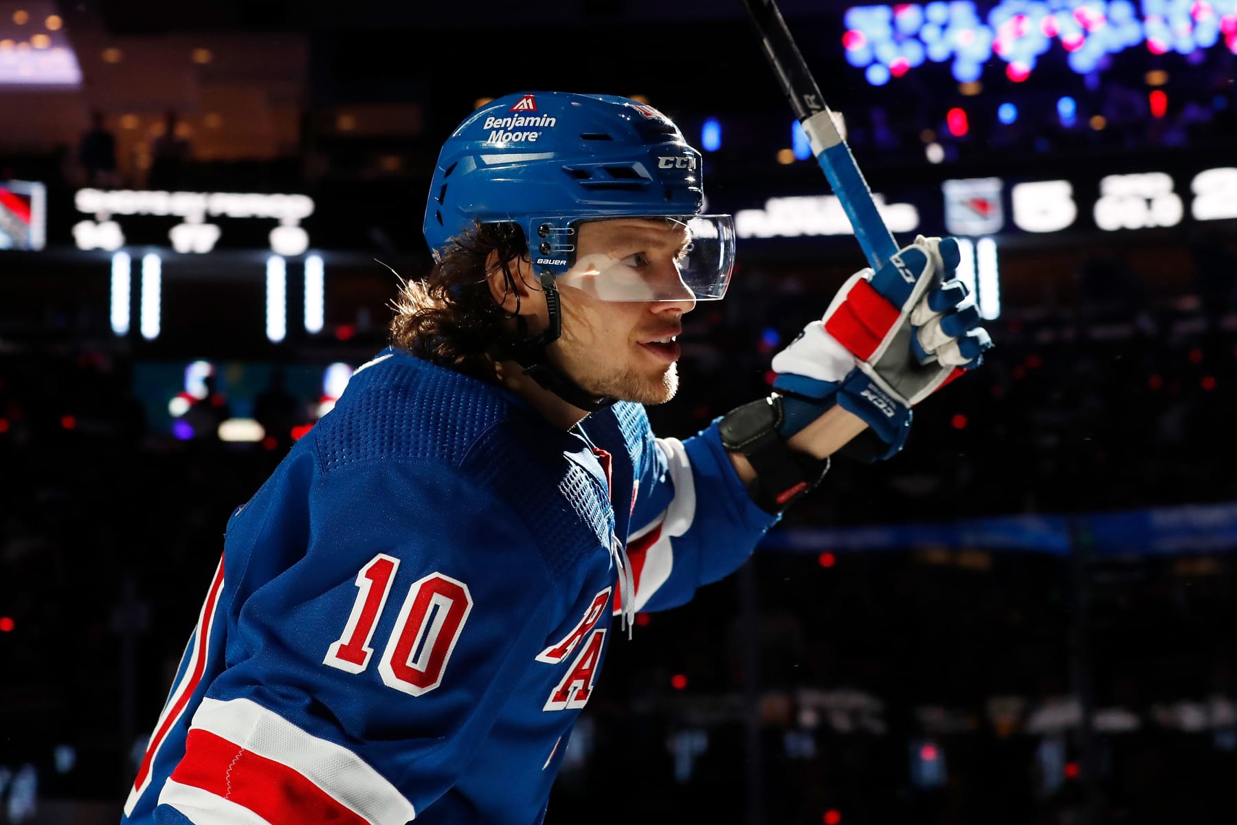NEW YORK, NEW YORK - MAY 05: Artemi Panarin #10 of the New York Rangers is awarded the 1st star of the game after defeating the Pittsburgh Penguins 5-2 in Game Two of the First Round of the 2022 Stanley Cup Playoffs at Madison Square Garden on May 05, 2022 in New York City. (Photo by Jared Silber/NHLI via Getty Images)