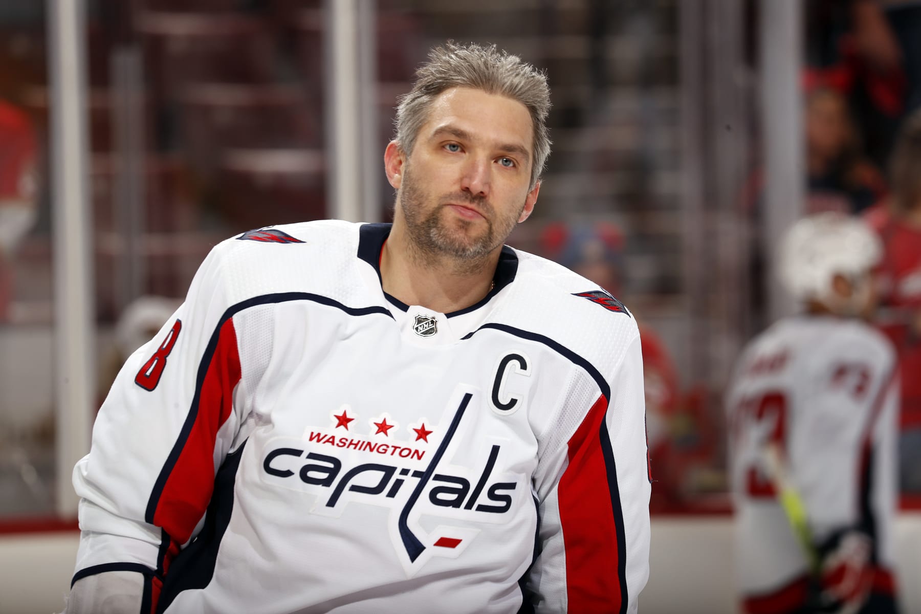 SUNRISE, FL - MAY 3: Alex Ovechkin #8 of the Washington Capitals warms up on the ice prior to the start of the game against the Florida Panthers in Game One of the First Round of the 2022 Stanley Cup Playoffs at the FLA Live Arena on May 3, 2022 in Sunrise, Florida. (Photo by Eliot J. Schechter/NHLI via Getty Images)