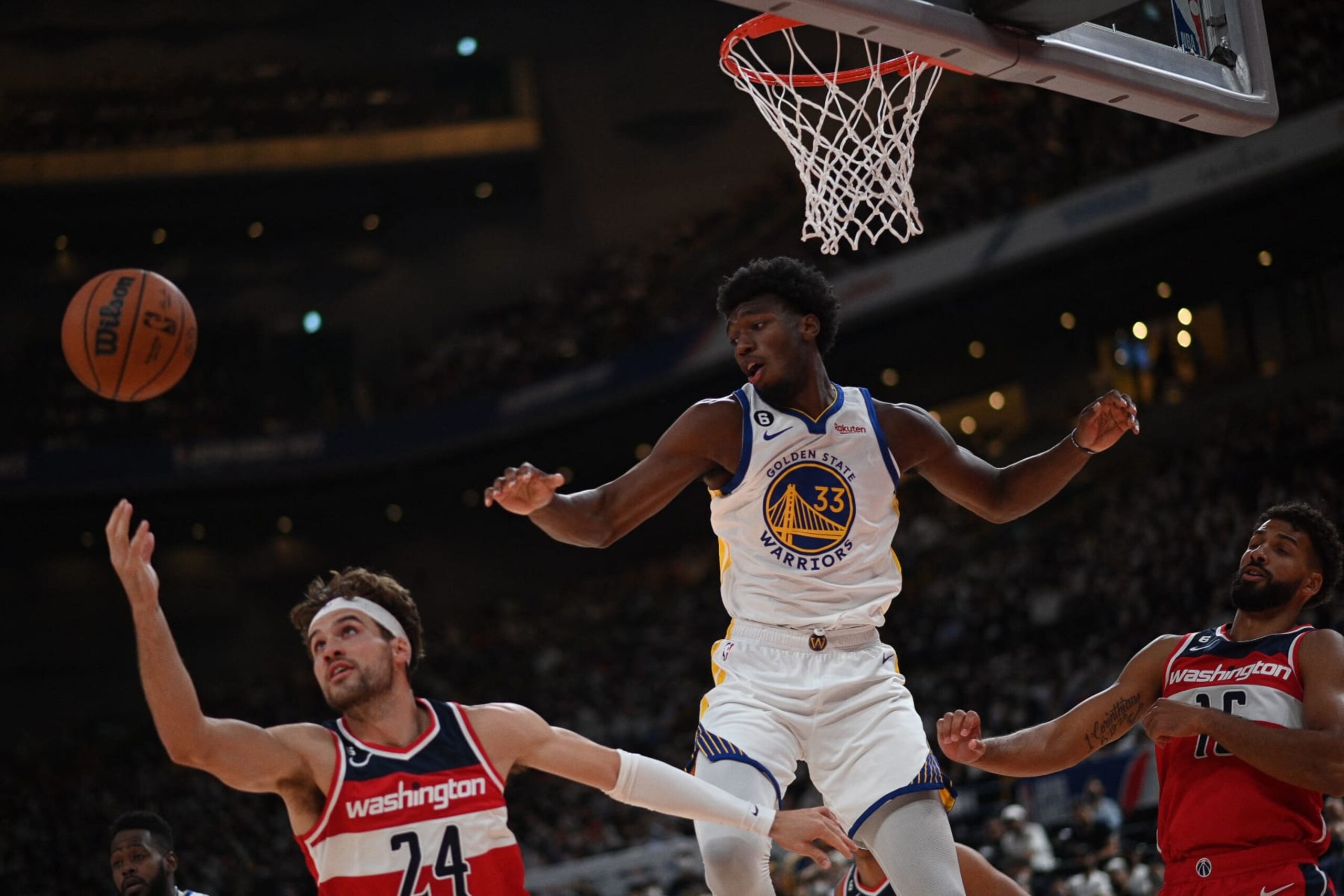 Golden State Warriors' James Wiseman (C) and Washington Wizards Corey Kispert (L) fight for the ball during the NBA Japan Games 2022 pre-season basketball game between the Golden State Warriors and the Washington Wizards at the Saitama Super Arena in Saitama on September 30, 2022. (Photo by Philip FONG / AFP) (Photo by PHILIP FONG/AFP via Getty Images) Golden State Warriors' James Wiseman (C) and Washington Wizards Corey Kispert (L) fight for the ball during the NBA Japan Games 2022 pre-season basketball game between the Golden State Warriors and the Washington Wizards at the Saitama Super Arena in Saitama on September 30, 2022. (Photo by Philip FONG / AFP) (Photo by PHILIP FONG/AFP via Getty Images)
