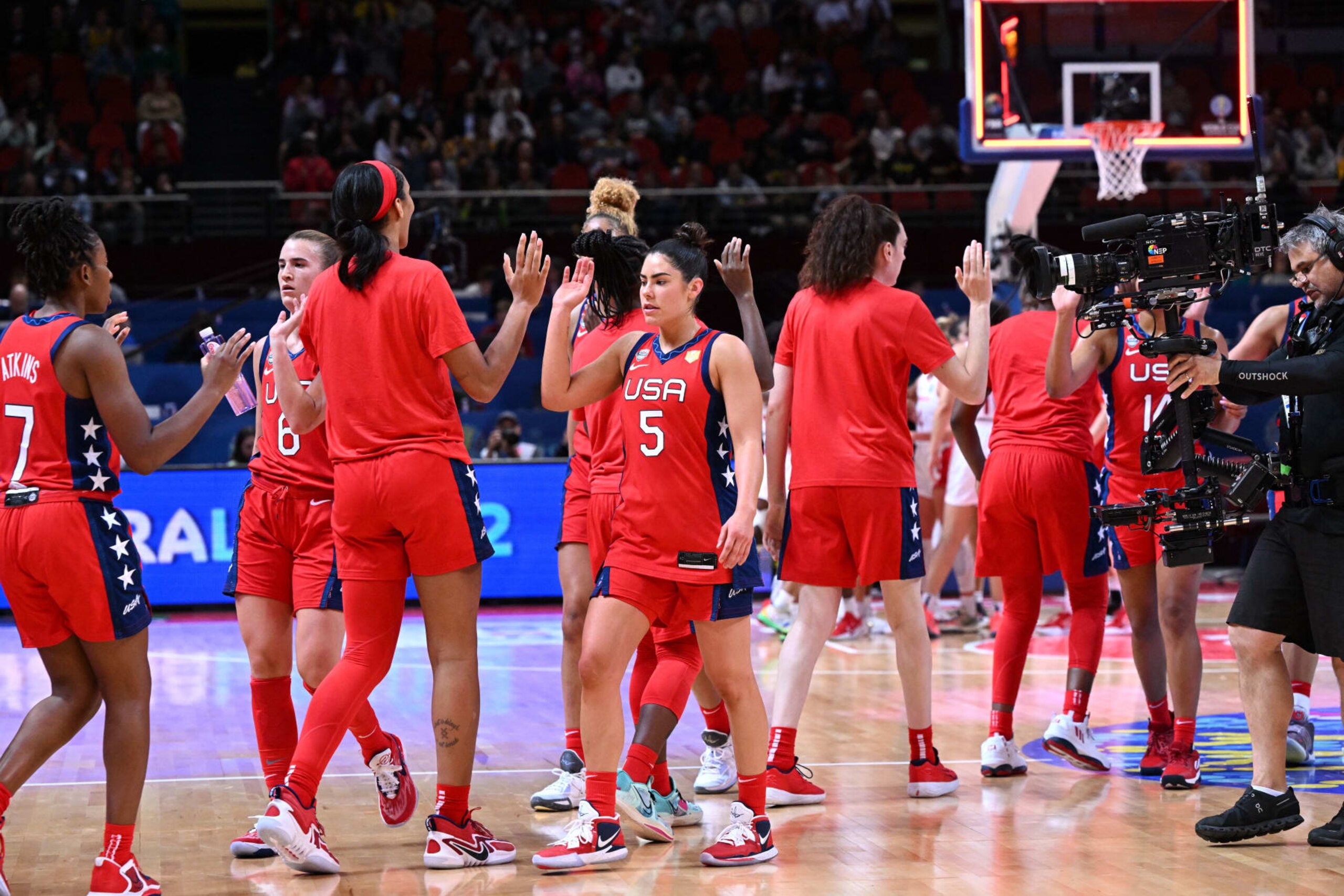 Team USA celebrate their win in the 2022 Women's Basketball World Cup semi-final game between Canada and the USA in Sydney on September 30, 2022. - -- IMAGE RESTRICTED TO EDITORIAL USE - STRICTLY NO COMMERCIAL USE -- (Photo by WILLIAM WEST / AFP) / -- IMAGE RESTRICTED TO EDITORIAL USE - STRICTLY NO COMMERCIAL USE -- (Photo by WILLIAM WEST/AFP /AFP via Getty Images)