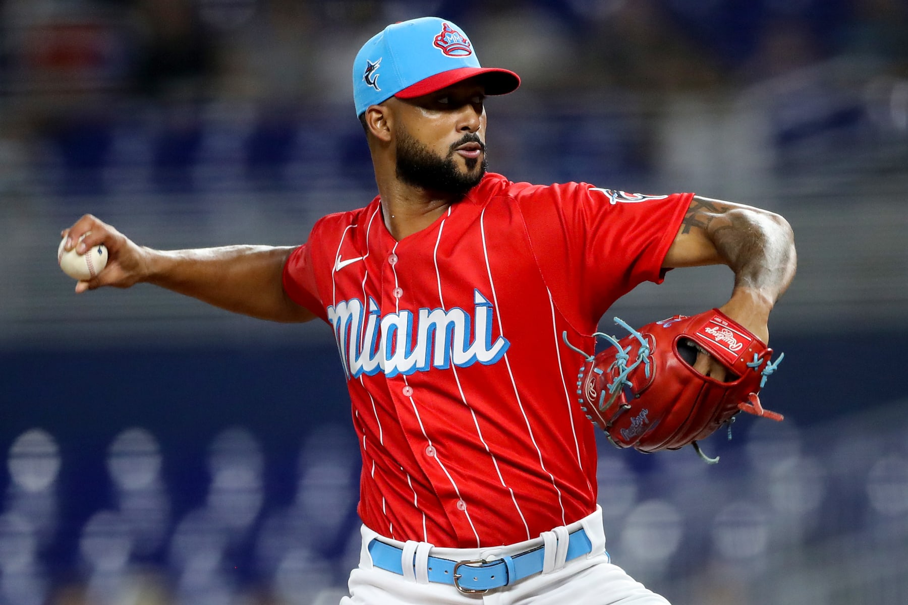 MIAMI, FLORIDA - SEPTEMBER 24: Sandy Alcantara #22 of the Miami Marlins delivers a pitch against the Washington Nationals during the first inning of the game at loanDepot park on September 24, 2022 in Miami, Florida. (Photo by Megan Briggs/Getty Images)