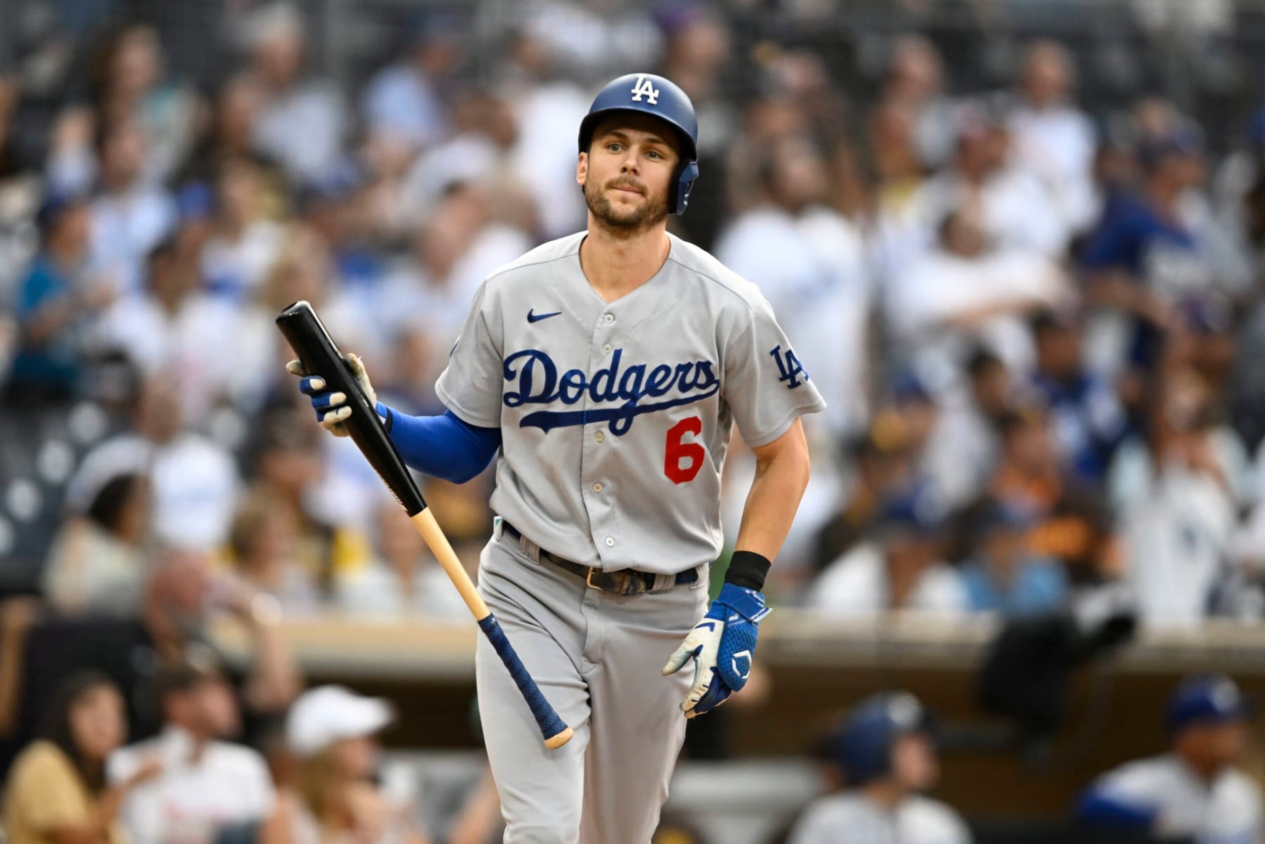 SAN DIEGO, CA - SEPTEMBER 10: Trea Turner #6 of the Los Angeles Dodgers plays during a baseball game against the San Diego Padres September 10, 2022 at Petco Park in San Diego, California. (Photo by Denis Poroy/Getty Images)