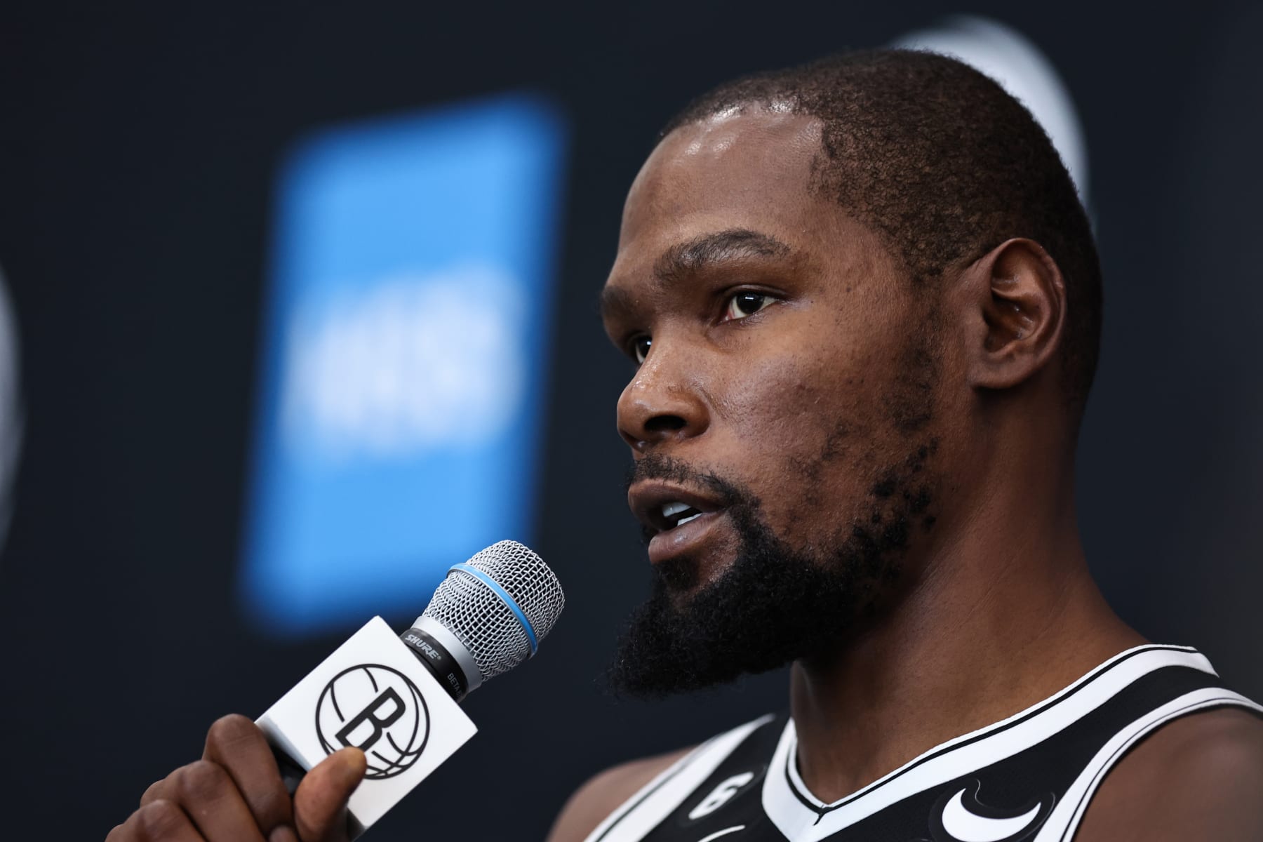 NEW YORK, NEW YORK - SEPTEMBER 26: Kevin Durant #7 of the Brooklyn Nets speaks during a press conference at Brooklyn Nets Media Day at HSS Training Center on September 26, 2022 in the Brooklyn borough of New York City. NOTE TO USER: User expressly acknowledges and agrees that, by downloading and/or using this photograph, User is consenting to the terms and conditions of the Getty Images License Agreement. (Photo by Dustin Satloff/Getty Images)