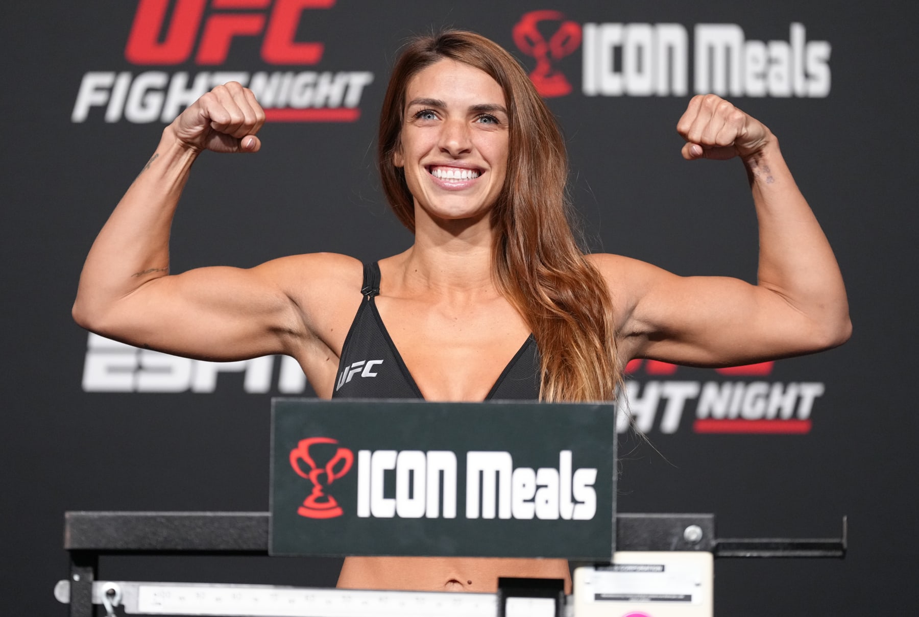 LAS VEGAS, NEVADA - SEPTEMBER 30: Mackenzie Dern poses on the scale during the UFC weigh-in at UFC APEX on September 30, 2022 in Las Vegas, Nevada. (Photo by Jeff Bottari/Zuffa LLC)