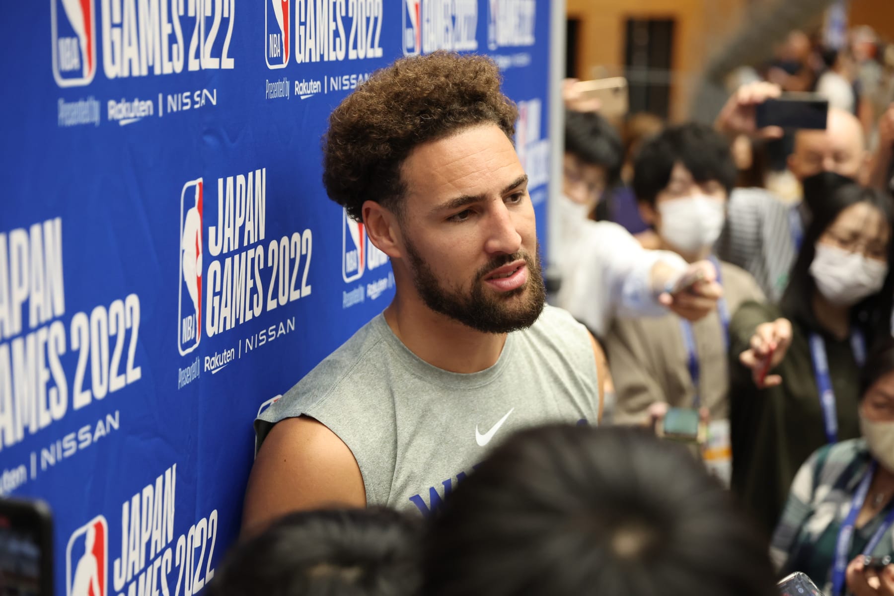 TOKYO, JAPAN - SEPTEMBER 29: Klay Thompson of the Golden State Warriors speaks the media during practice at Minato Sports Center on September 29, 2022 in Tokyo, Japan. NOTE TO USER: User expressly acknowledges and agrees that, by downloading and/or using this Photograph, user is consenting to the terms and conditions of the Getty Images License Agreement. Mandatory Copyright Notice: Copyright 2022 NBAE (Photo by Stephen Gosling/NBAE via Getty Images)