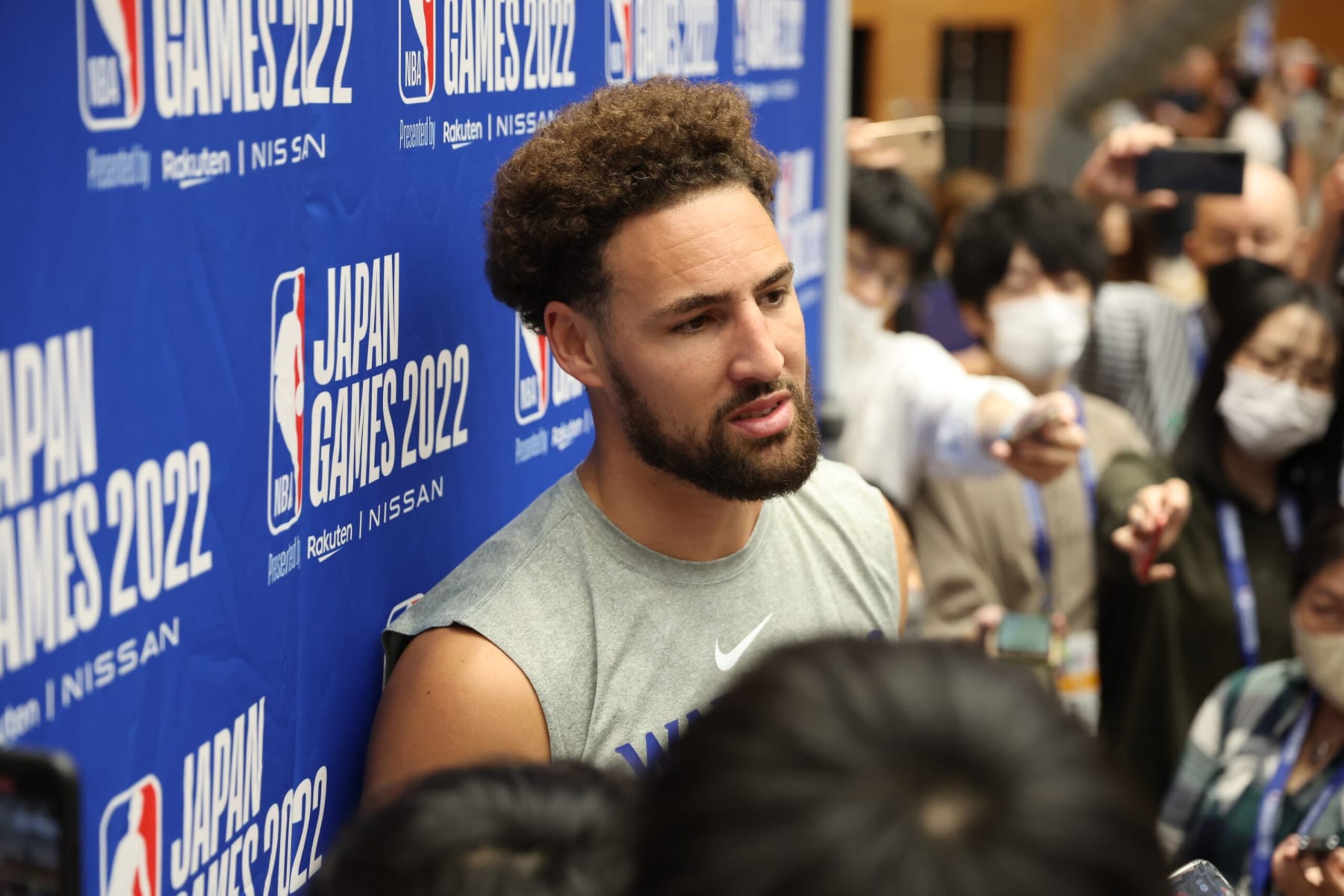 TOKYO, JAPAN - SEPTEMBER 29: Klay Thompson of the Golden State Warriors speaks the media during practice at Minato Sports Center on September 29, 2022 in Tokyo, Japan. NOTE TO USER: User expressly acknowledges and agrees that, by downloading and/or using this Photograph, user is consenting to the terms and conditions of the Getty Images License Agreement. Mandatory Copyright Notice: Copyright 2022 NBAE (Photo by Stephen Gosling/NBAE via Getty Images)
