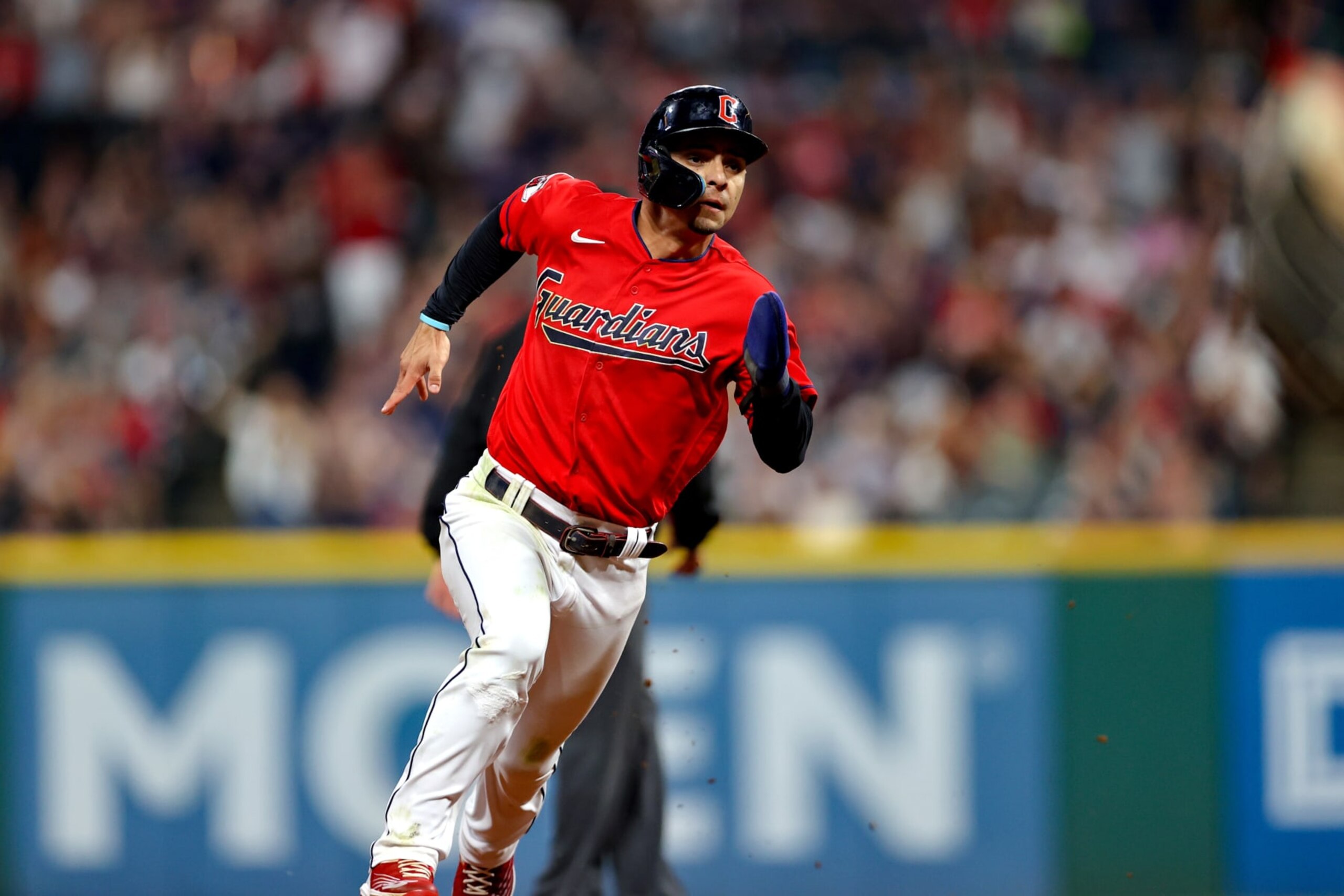 CLEVELAND, OH - SEPTEMBER 16: Cleveland Guardians second baseman Andres Gimenez (0) advances from first to third base on a single during the seventh inning of the Major League Baseball game between the Minnesota Twins and Cleveland Guardians on September 16, 2022, at Progressive Field in Cleveland, OH. (Photo by Frank Jansky/Icon Sportswire via Getty Images)