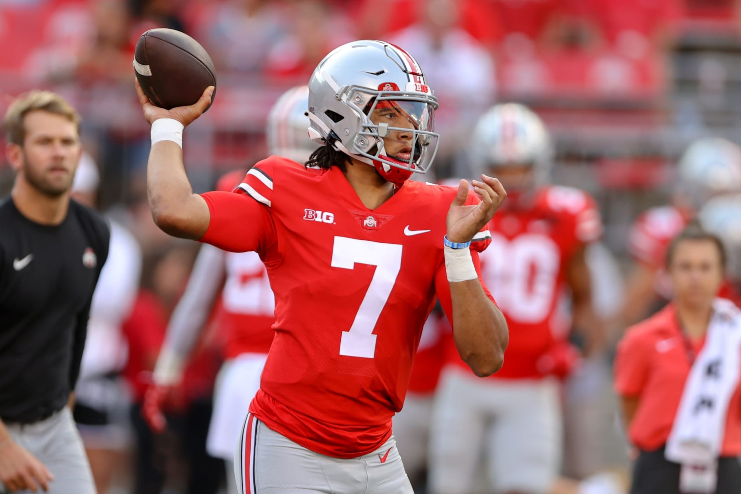 COLUMBUS, OH - SEPTEMBER 17: Ohio State Buckeyes quarterback C.J. Stroud (7) warms up prior to the college football game between the Toledo Rockets and Ohio State Buckeyes on September 17, 2022, at Ohio Stadium in Columbus, OH. (Photo by Frank Jansky/Icon Sportswire via Getty Images)