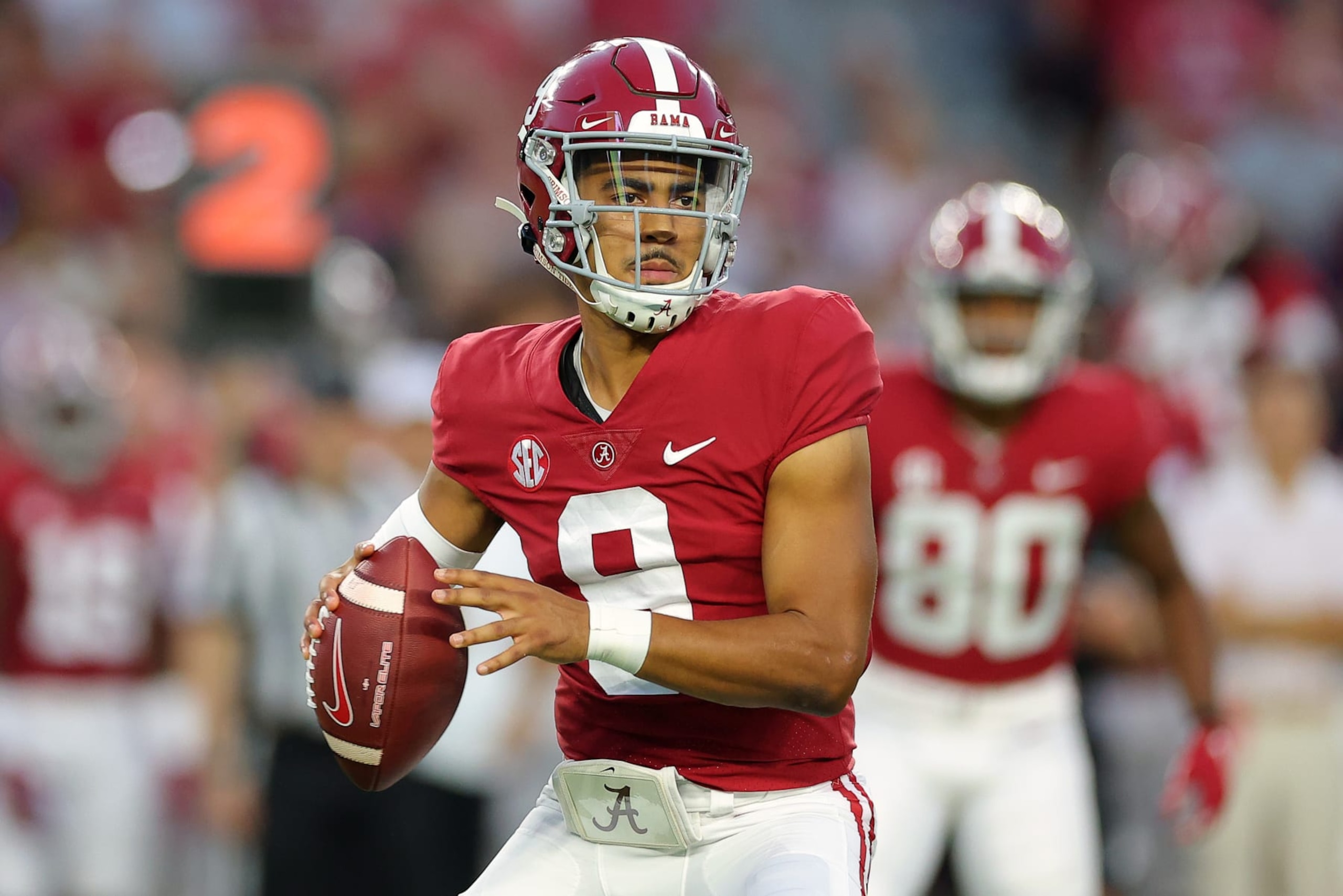 TUSCALOOSA, ALABAMA - SEPTEMBER 24: Bryce Young #9 of the Alabama Crimson Tide looks to throw a pass against the Vanderbilt Commodores during the first half  of the game at Bryant-Denny Stadium on September 24, 2022 in Tuscaloosa, Alabama. (Photo by Kevin C. Cox/Getty Images)