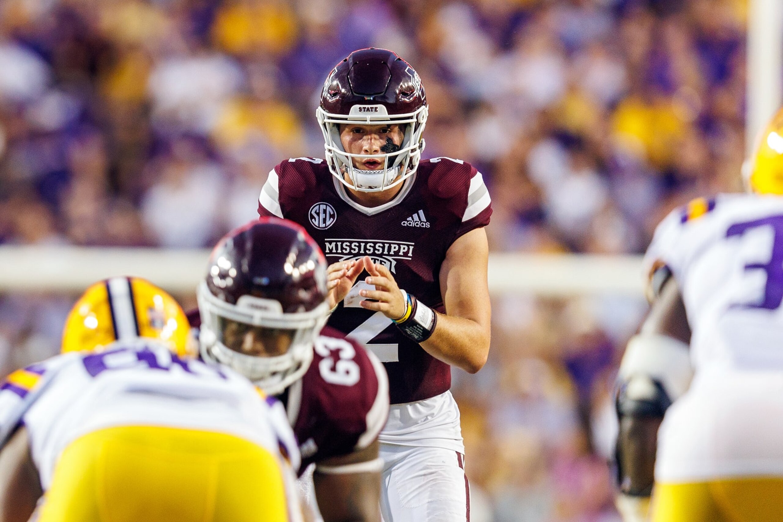 BATON ROUGE, LA - SEPTEMBER 17: Mississippi State Bulldogs quarterback Will Rogers (2) during a game between the LSU Tigers and the Mississippi State Bulldogs at Tiger Stadium in Baton Rouge, Louisiana, on September 17, 2022. (Photo by John Korduner/Icon Sportswire via Getty Images)