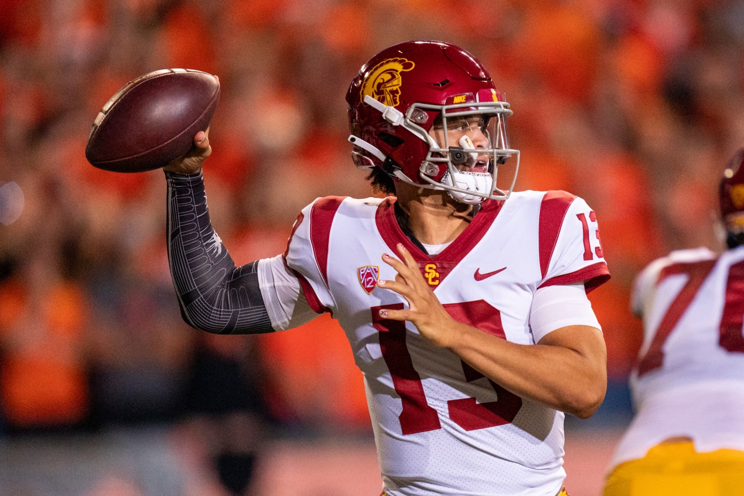 CORVALLIS, OR - SEPTEMBER 24:  Quarterback Caleb Williams #13 of the USC Trojans looks to pass during the first half against the Oregon State Beavers at Reser Stadium on September 24, 2022 in Corvallis, Oregon. (Photo by Ali Gradischer/Getty Images)