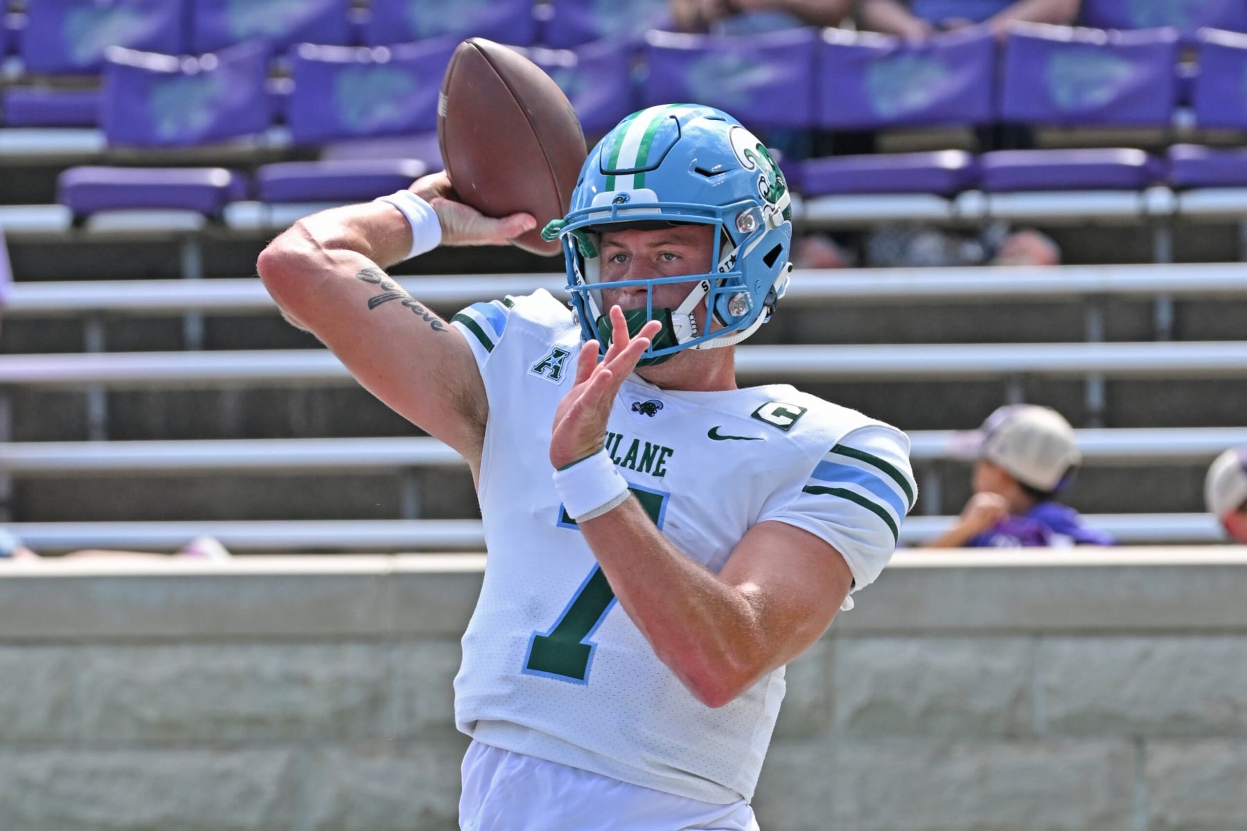 MANHATTAN, KS - SEPTEMBER 17:  Quarterback Michael Pratt #7 of the Tulane Green Wave warms up before a game against the Kansas State Wildcats at Bill Snyder Family Football Stadium on September 17, 2022 in Manhattan, Kansas. (Photo by Peter Aiken/Getty Images)