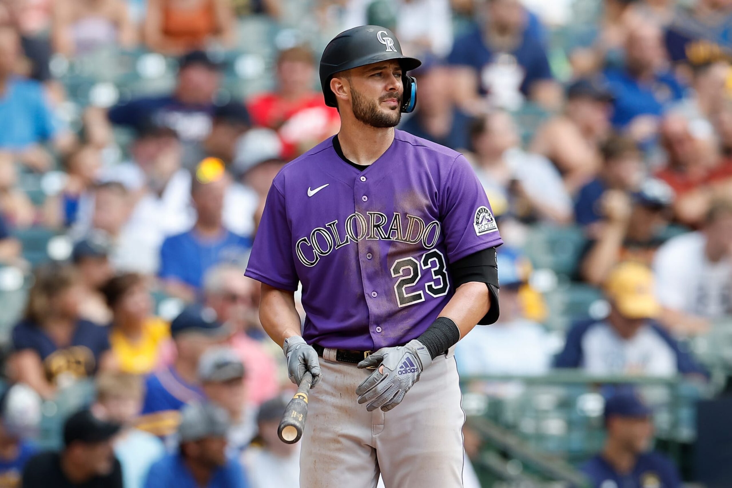MILWAUKEE, WISCONSIN - JULY 24: Kris Bryant #23 of the Colorado Rockies steps to the plate against the Milwaukee Brewers at American Family Field on July 24, 2022 in Milwaukee, Wisconsin. (Photo by John Fisher/Getty Images)