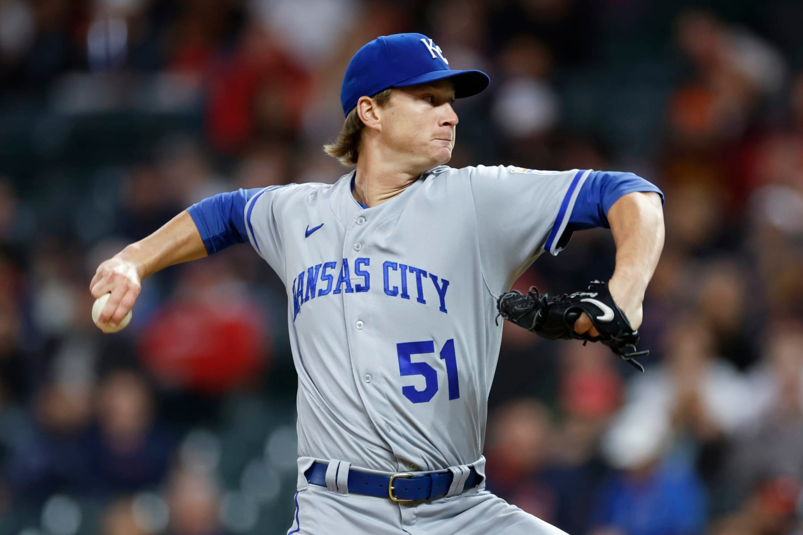 CLEVELAND, OH - SEPTEMBER 30: Brady Singer #51 of the Kansas City Royals pitches against the Cleveland Guardians during the first inning at Progressive Field on September 30, 2022 in Cleveland, Ohio. (Photo by Ron Schwane/Getty Images)