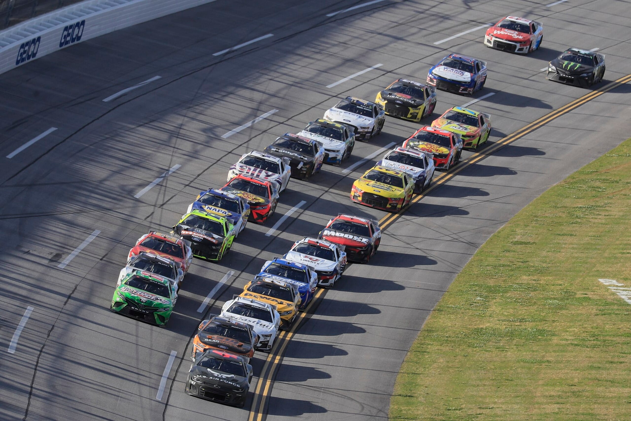 TALLADEGA, AL - APRIL 24: Erik Jones (#43 Petty GMS Motorsports U.S. Air Force Chevrolet) leads through the tri-oval during the running of the NASCAR Cup Series GEICO 500 race on April 24, 2022 at the Talladega Superspeedway in Talladega, Alabama. (Photo by David J. Griffin/Icon Sportswire via Getty Images) TALLADEGA, AL - APRIL 24: Erik Jones (#43 Petty GMS Motorsports U.S. Air Force Chevrolet) leads through the tri-oval during the running of the NASCAR Cup Series GEICO 500 race on April 24, 2022 at the Talladega Superspeedway in Talladega, Alabama. (Photo by David J. Griffin/Icon Sportswire via Getty Images)