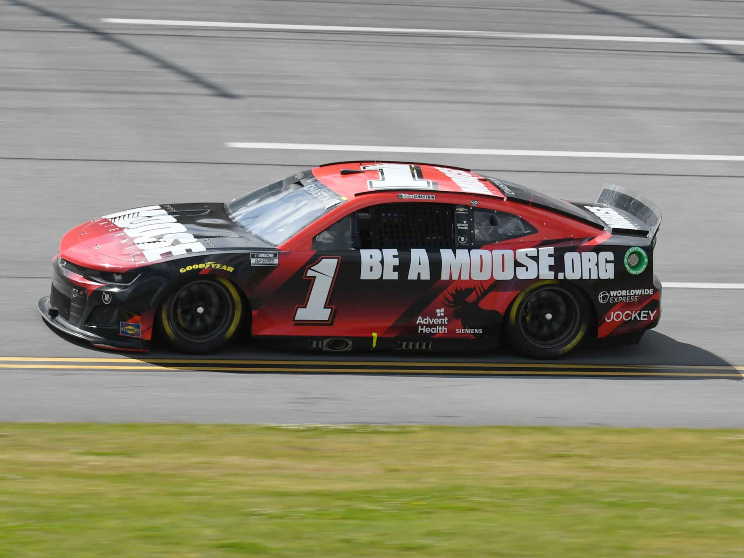 TALLADEGA, AL - APRIL 24: Ross Chastain (#1 TrackHouse Racing Moose Fraternity Chevrolet) races through the tri-oval during the running of the NASCAR Cup Series Geico 500 on April 24, 2022, at Talladega Superspeedway in Talladega, AL. (Photo by Jeffrey Vest/Icon Sportswire via Getty Images) TALLADEGA, AL - APRIL 24: Ross Chastain (#1 TrackHouse Racing Moose Fraternity Chevrolet) races through the tri-oval during the running of the NASCAR Cup Series Geico 500 on April 24, 2022, at Talladega Superspeedway in Talladega, AL. (Photo by Jeffrey Vest/Icon Sportswire via Getty Images)