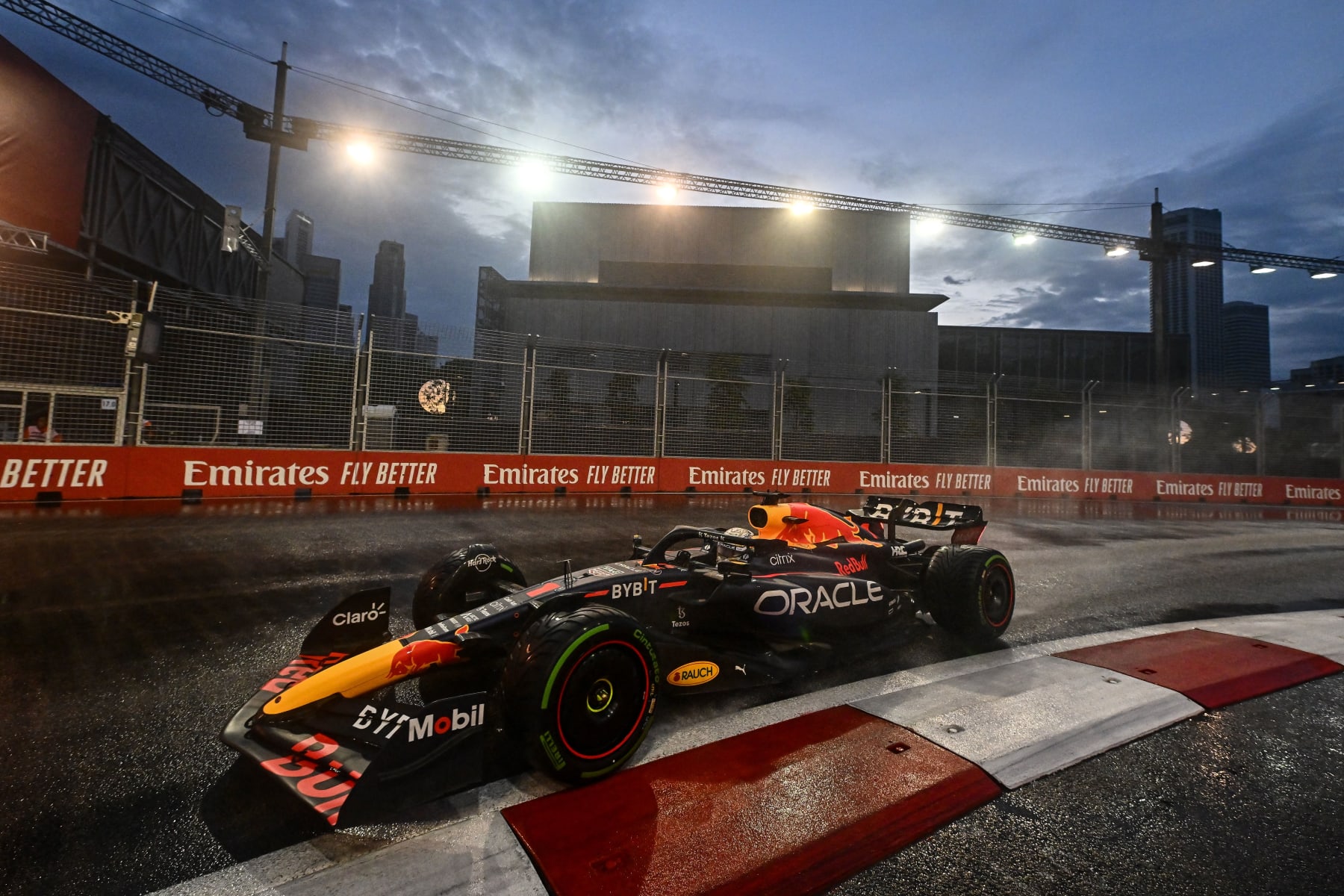 Red Bull Racing's Dutch driver Max Verstappen drives during a practice session ahead of the Formula One Singapore Grand Prix night race at the Marina Bay Street Circuit in Singapore on October 1, 2022. (Photo by Lillian SUWANRUMPHA / AFP) (Photo by LILLIAN SUWANRUMPHA/AFP via Getty Images)