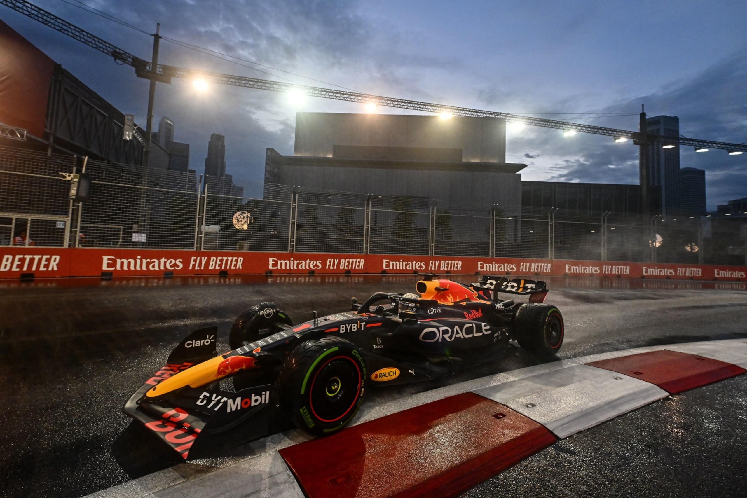 Red Bull Racing's Dutch driver Max Verstappen drives during a practice session ahead of the Formula One Singapore Grand Prix night race at the Marina Bay Street Circuit in Singapore on October 1, 2022. (Photo by Lillian SUWANRUMPHA / AFP) (Photo by LILLIAN SUWANRUMPHA/AFP via Getty Images)