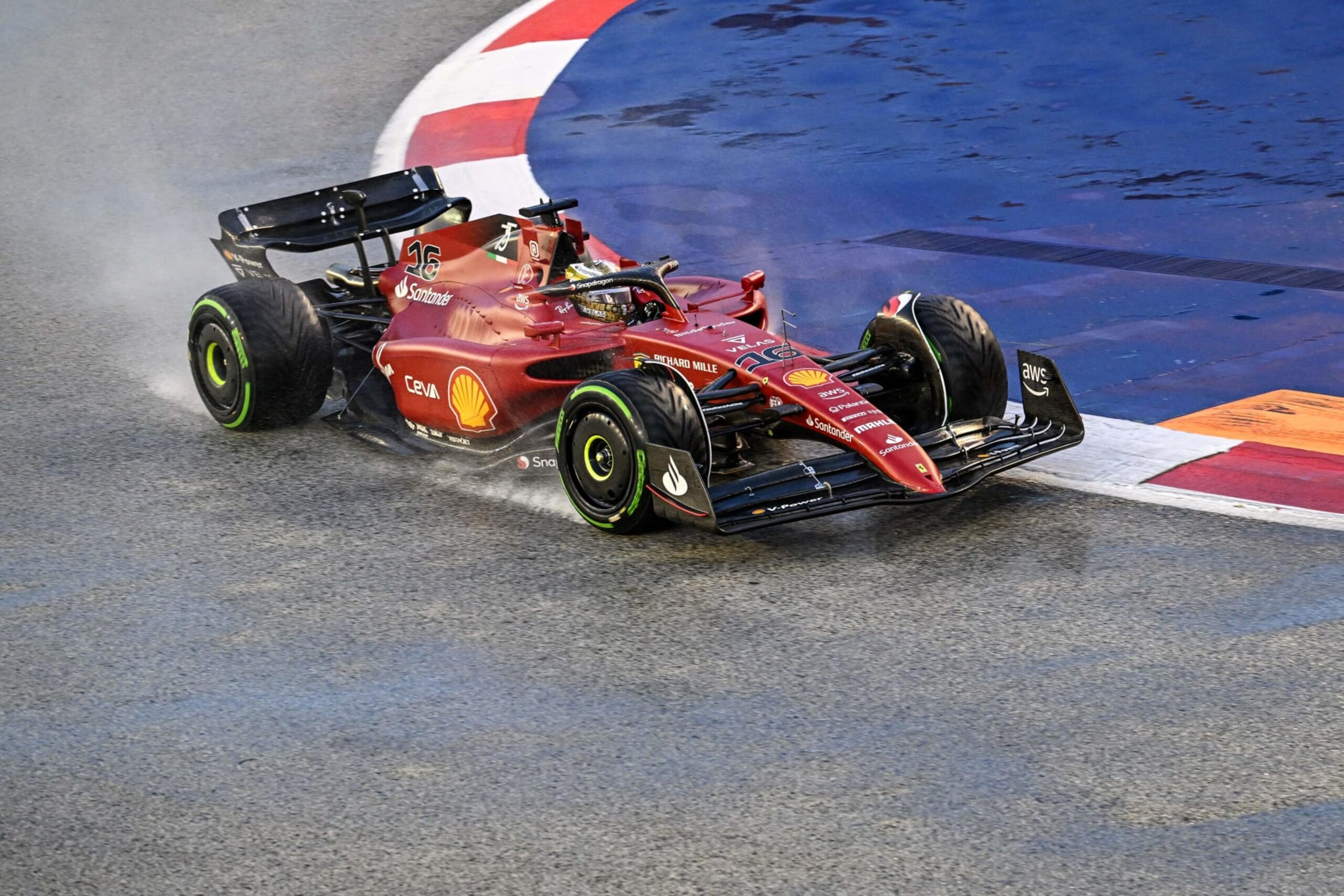 Ferrari's Monegasque driver Charles Leclerc drives during a practice session ahead of the Formula One Singapore Grand Prix night race at the Marina Bay Street Circuit in Singapore on October 1, 2022. (Photo by ROSLAN RAHMAN / AFP) (Photo by ROSLAN RAHMAN/AFP via Getty Images)