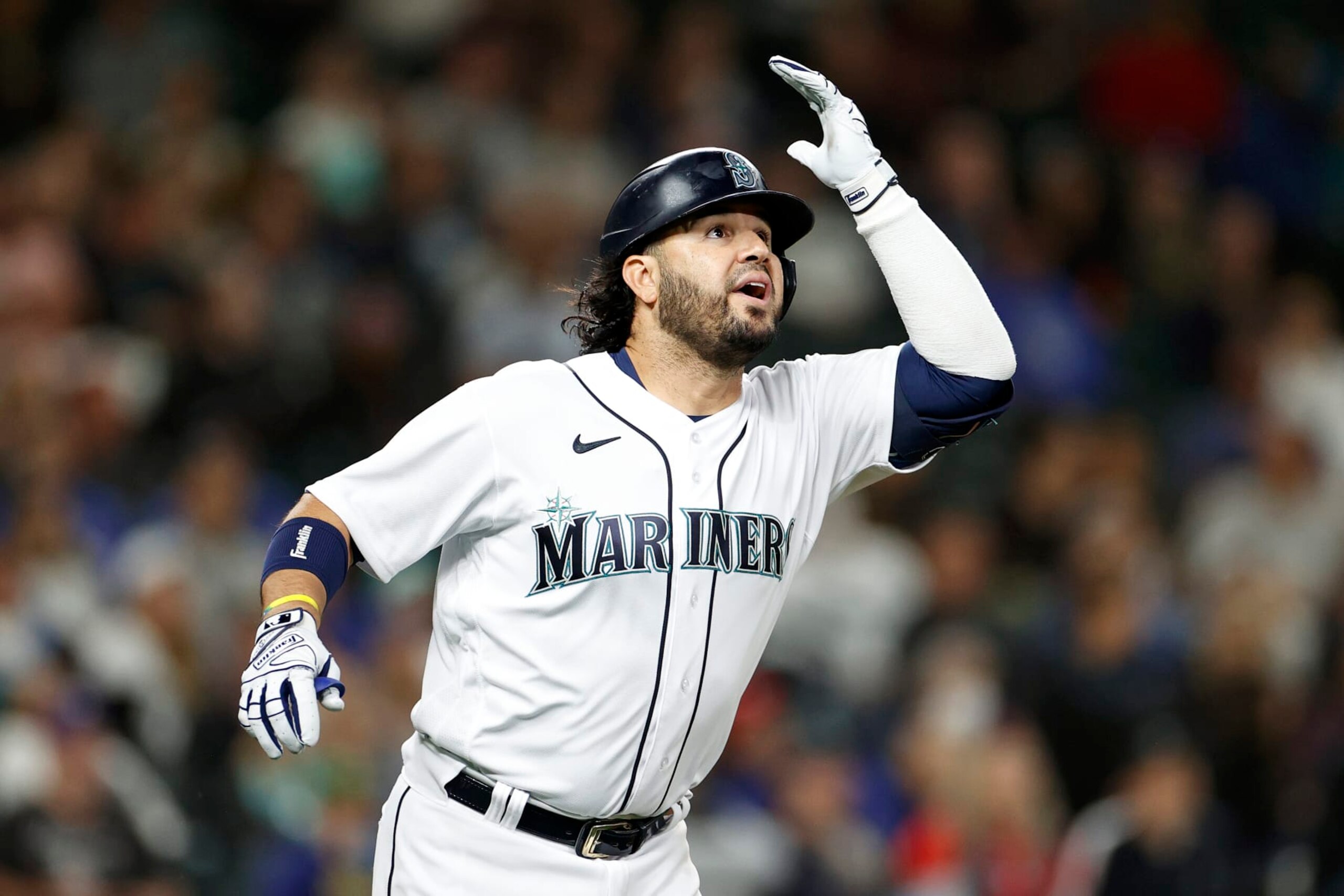 SEATTLE, WASHINGTON - SEPTEMBER 28: Eugenio Suarez #28 of the Seattle Mariners at bat during the eighth inning against the Texas Rangers at T-Mobile Park on September 28, 2022 in Seattle, Washington. (Photo by Steph Chambers/Getty Images)