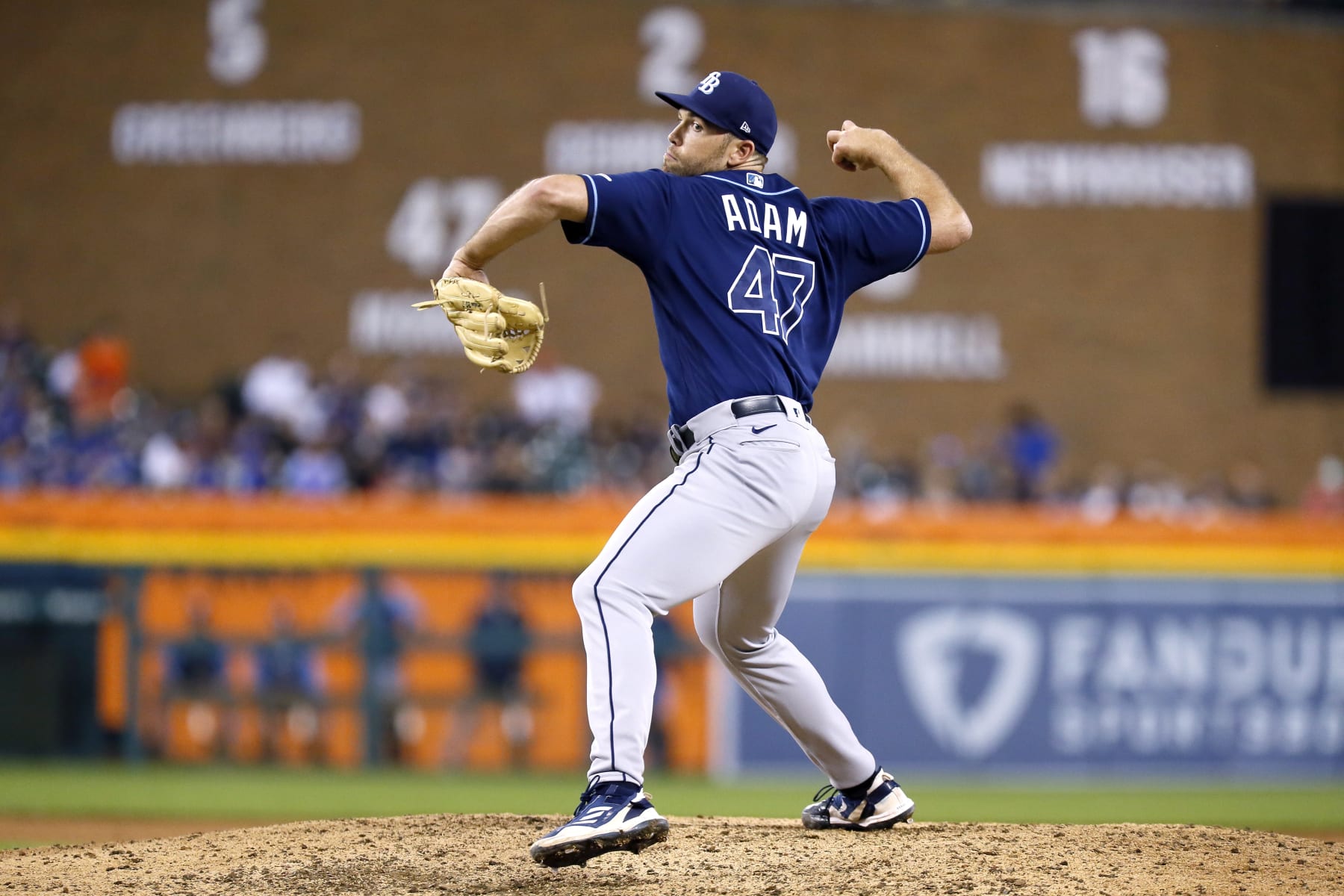 DETROIT, MI -  AUGUST 5:  Jason Adam #47 of the Tampa Bay Rays pitches against the Detroit Tigers at Comerica Park on August 5, 2022, in Detroit, Michigan. (Photo by Duane Burleson/Getty Images)