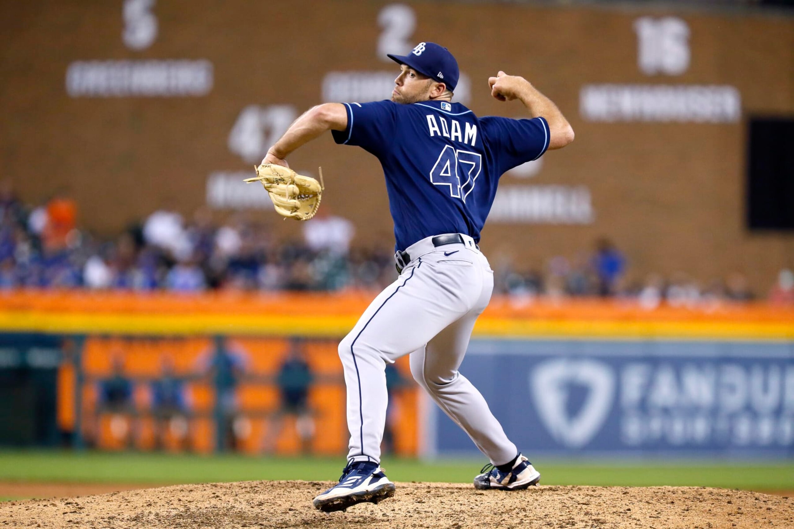 DETROIT, MI -  AUGUST 5:  Jason Adam #47 of the Tampa Bay Rays pitches against the Detroit Tigers at Comerica Park on August 5, 2022, in Detroit, Michigan. (Photo by Duane Burleson/Getty Images)