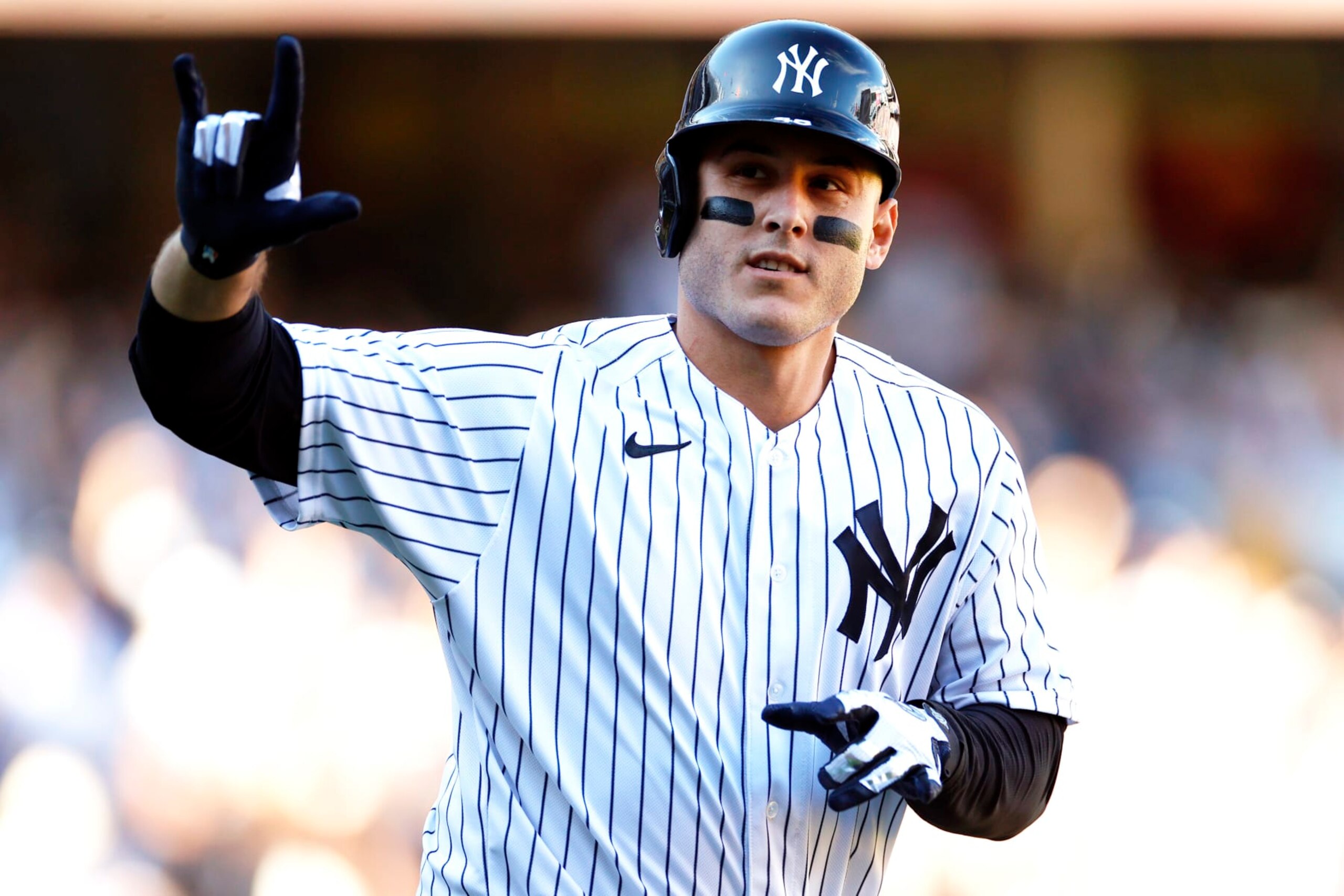 NEW YORK, NEW YORK - SEPTEMBER 24: Anthony Rizzo #48 of the New York Yankees reacts after hitting a two-run home run during the seventh inning against the Boston Red Sox at Yankee Stadium on September 24, 2022 in the Bronx borough of New York City. (Photo by Sarah Stier/Getty Images)