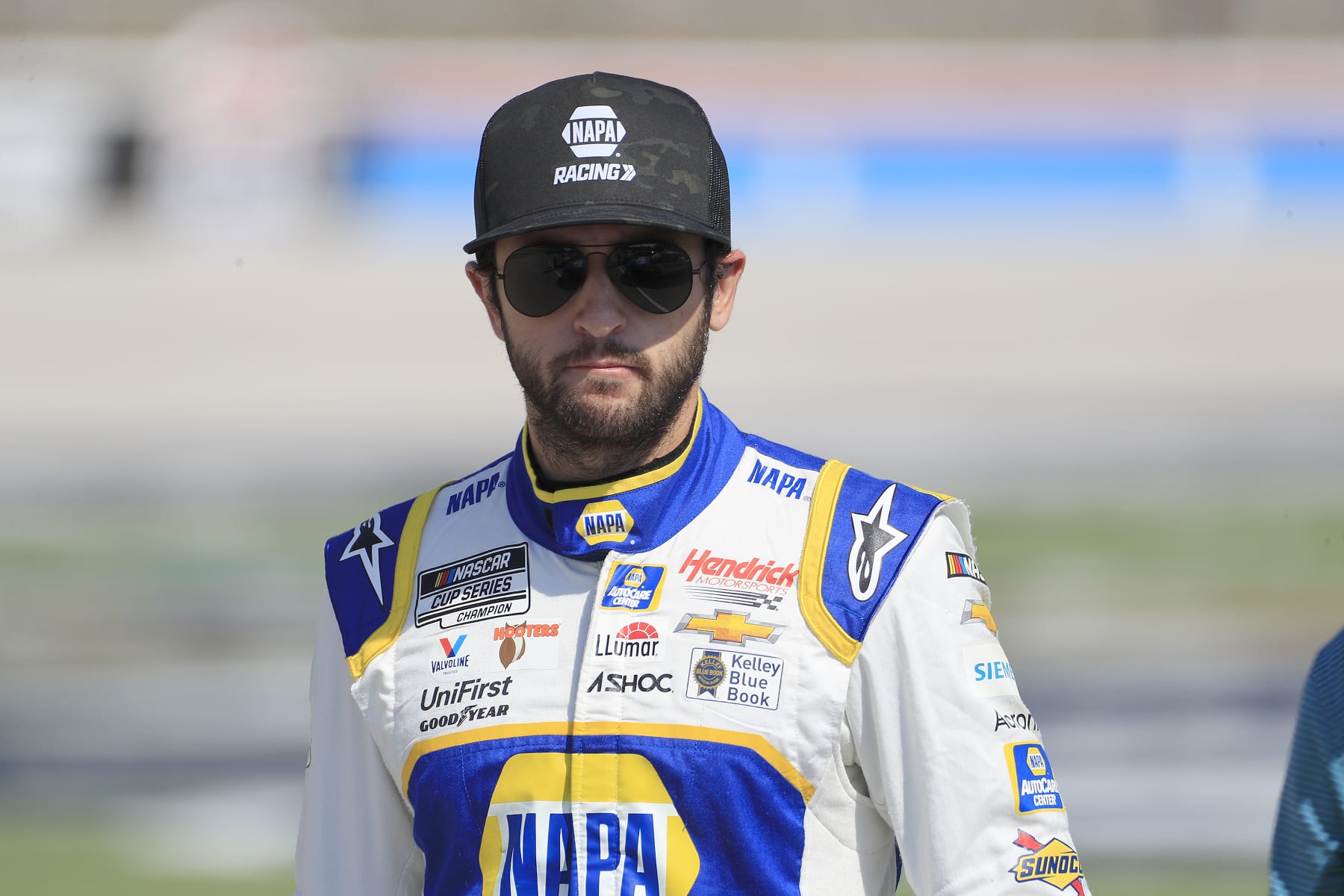 FORT WORTH, TX - SEPTEMBER 24: Chase Elliott (#9 Hendrick Motorsports NAPA Auto Parts Chevrolet) looks on during Saturday morning practice for the NASCAR Cup Series Playoff Autotrader EchoPark Automotive 500 race on September 24, 2022 at Texas Motor Speedway in Fort Worth, Texas.  (Photo by David J. Griffin/Icon Sportswire via Getty Images)