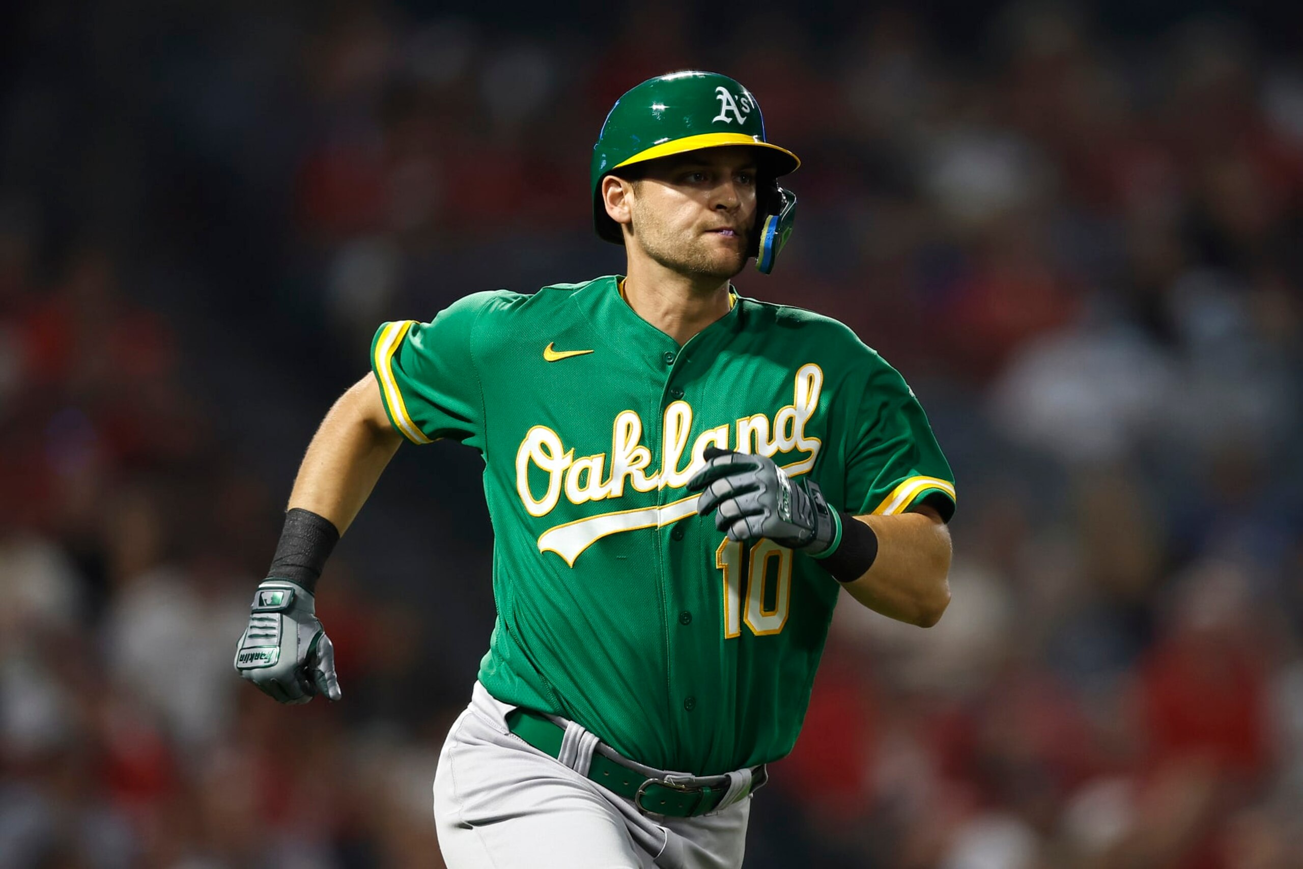 ANAHEIM, CALIFORNIA - SEPTEMBER 29: Chad Pinder #10 of the Oakland Athletics runs to first base against the Los Angeles Angels during the ninth inning at Angel Stadium of Anaheim on September 29, 2022 in Anaheim, California. (Photo by Michael Owens/Getty Images)