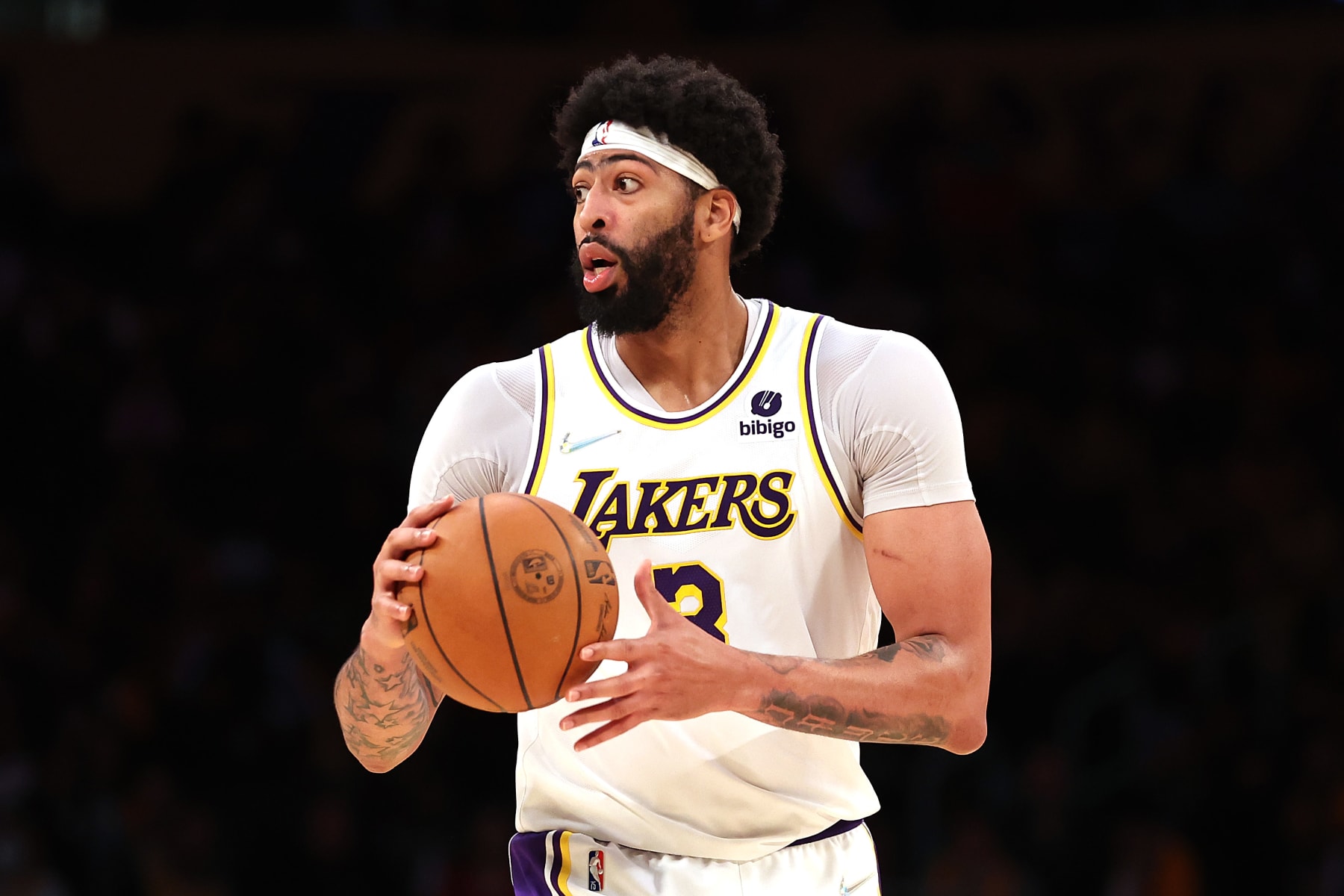 LOS ANGELES, CALIFORNIA - APRIL 03: Anthony Davis #3 of the Los Angeles Lakers looks on after being defeated by the Denver Nuggets 129-118 in a game at Crypto.com Arena on April 03, 2022 in Los Angeles, California. NOTE TO USER: User expressly acknowledges and agrees that, by downloading and/or using this Photograph, user is consenting to the terms and conditions of the Getty Images License Agreement. Mandatory Copyright Notice: Copyright 2022 NBAE (Photo by Sean M. Haffey/Getty Images)