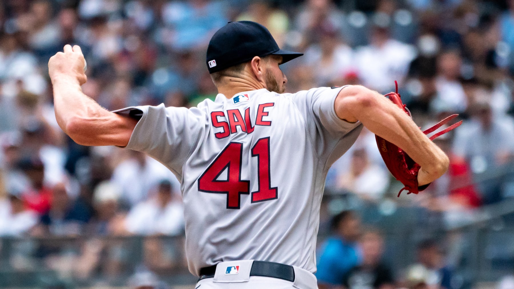 Boston Red Sox starting pitcher Chris Sale throws during the first inning of a baseball game against the New York Yankees, Sunday, July 17, 2022, in New York. The Yankees won 13-2. (AP Photo/Julia Nikhinson)