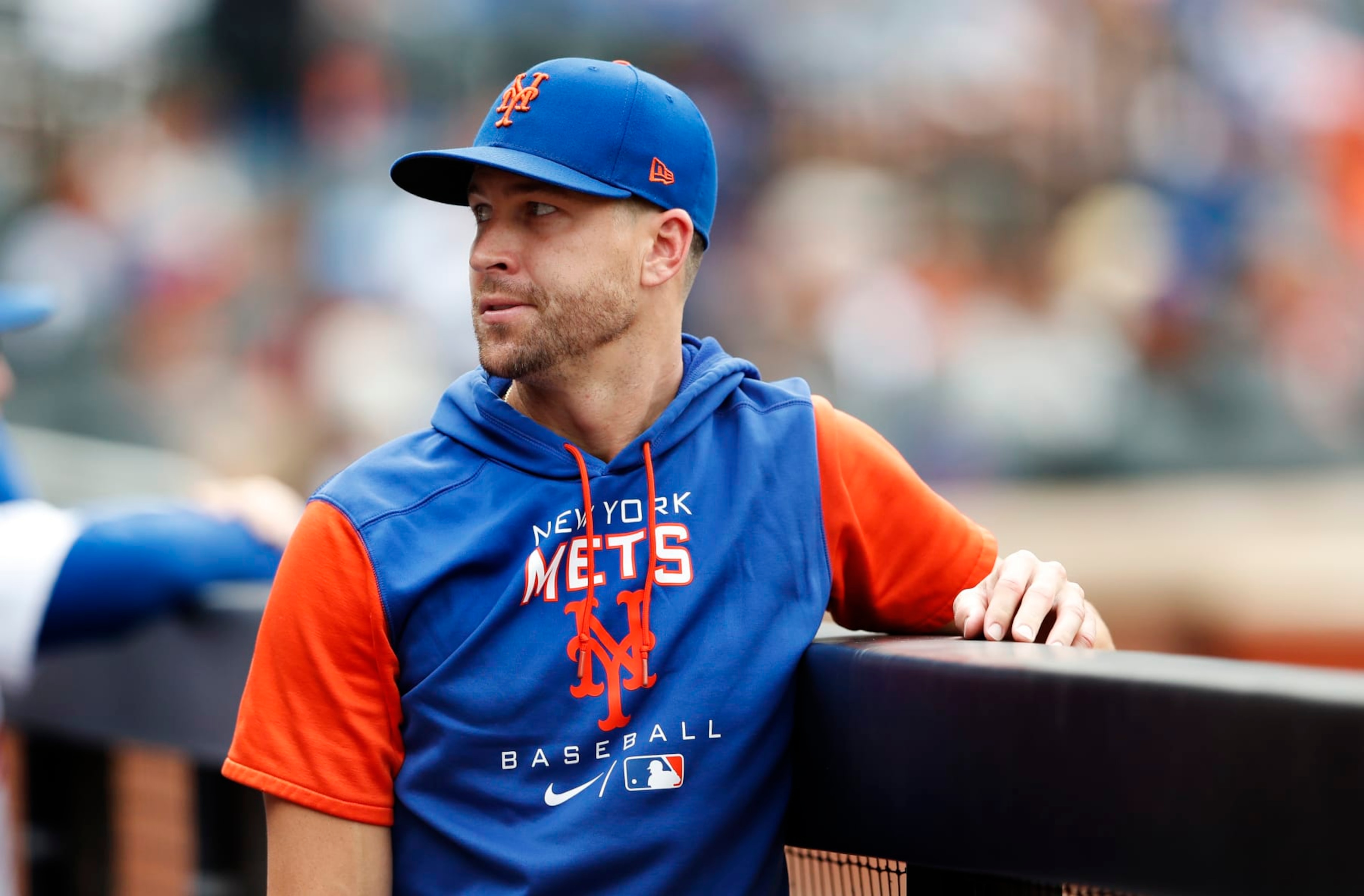 New York Mets pitcher Jacob deGrom ooks on in the dugout during the seventh inning of a baseball game against the Washington Nationals, Sunday, Sept. 4, 2022, in New York. (AP Photo/Noah K. Murray) New York Mets pitcher Jacob deGrom ooks on in the dugout during the seventh inning of a baseball game against the Washington Nationals, Sunday, Sept. 4, 2022, in New York. (AP Photo/Noah K. Murray)