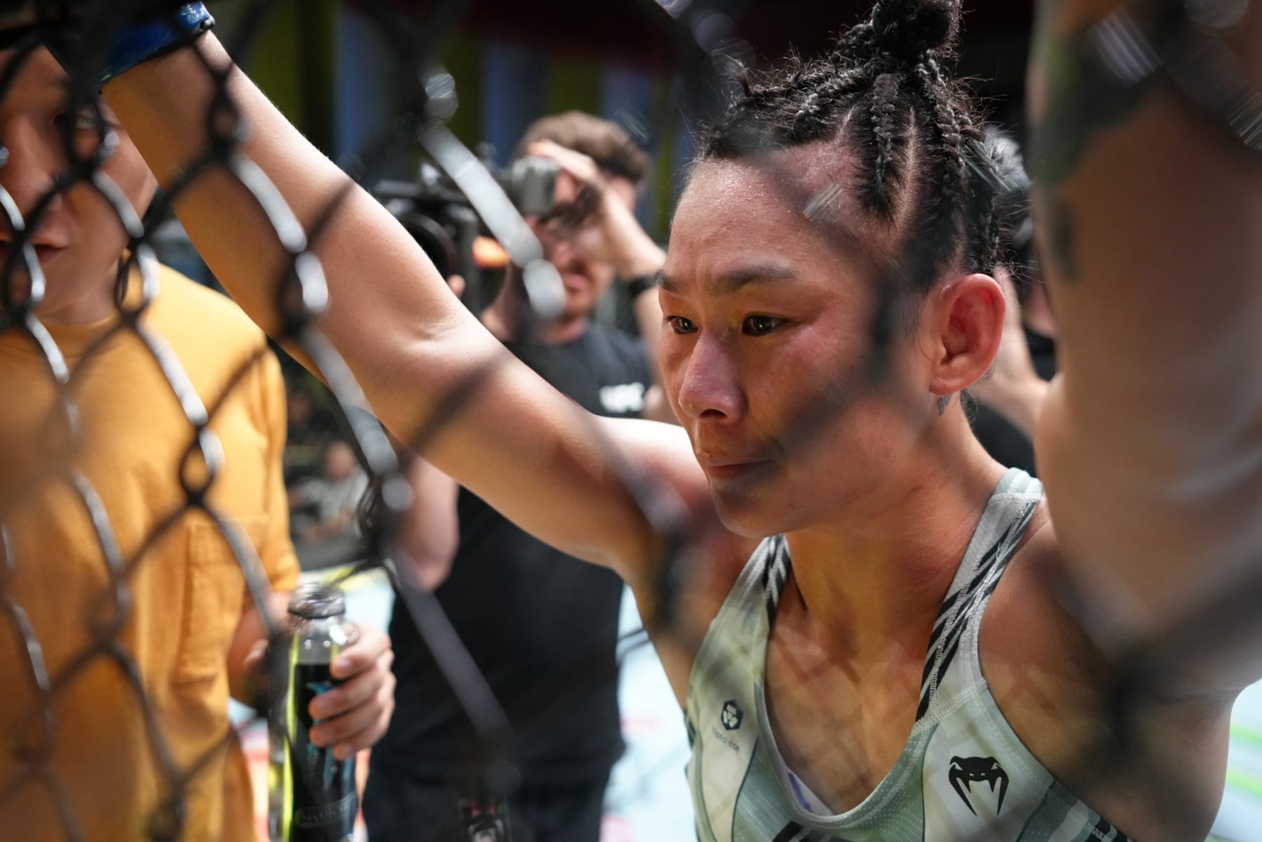LAS VEGAS, NEVADA - OCTOBER 01: Yan Xiaonan of China reacts after the conclusion of her strawweight fight against Mackenzie Dern during the UFC Fight Night event at UFC APEX on October 01, 2022 in Las Vegas, Nevada. (Photo by Jeff Bottari/Zuffa LLC)