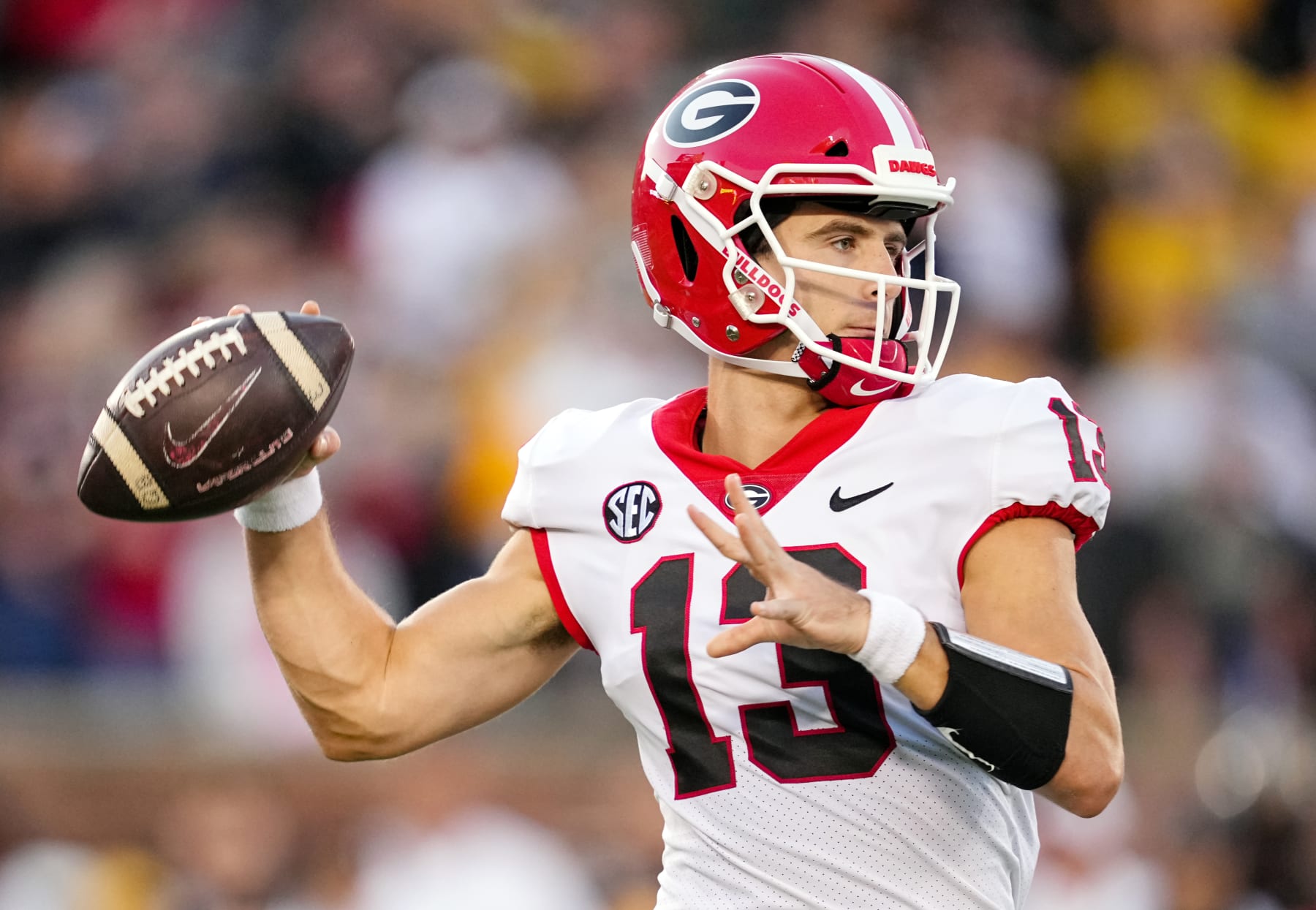 COLUMBIA, MO - OCTOBER 01: Stetson Bennett #13 of the Georgia Bulldogs throws a pass during the first half against the Missouri Tigers at Faurot Field/Memorial Stadium on October 1, 2022 in Columbia, Missouri. (Photo by Jay Biggerstaff/Getty Images)