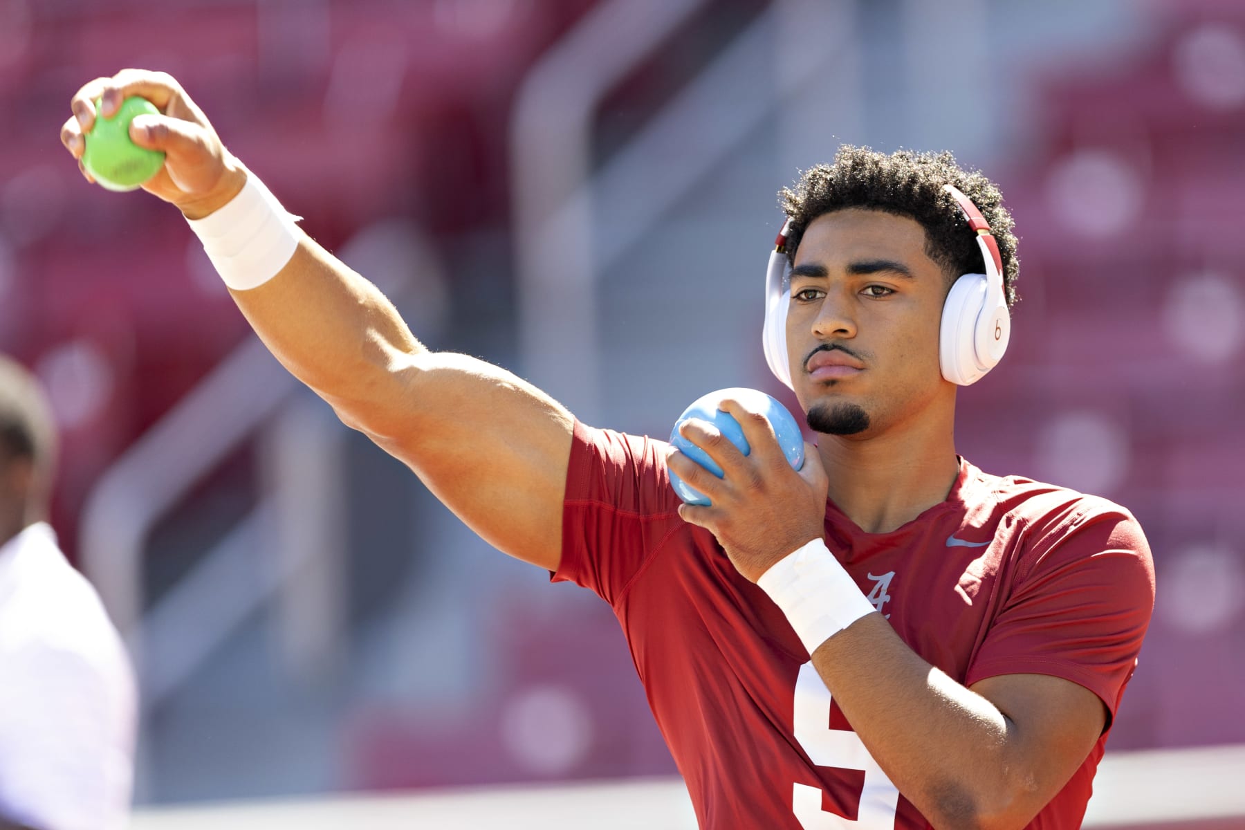 FAYETTEVILLE, ARKANSAS - OCTOBER 01: Bryce Young #9 of the Alabama Crimson Tide walks into the stadium before a game against the Arkansas Razorbacks at Donald W. Reynolds Razorback Stadium on October 01, 2022 in Fayetteville, Arkansas. (Photo by Wesley Hitt/Getty Images)