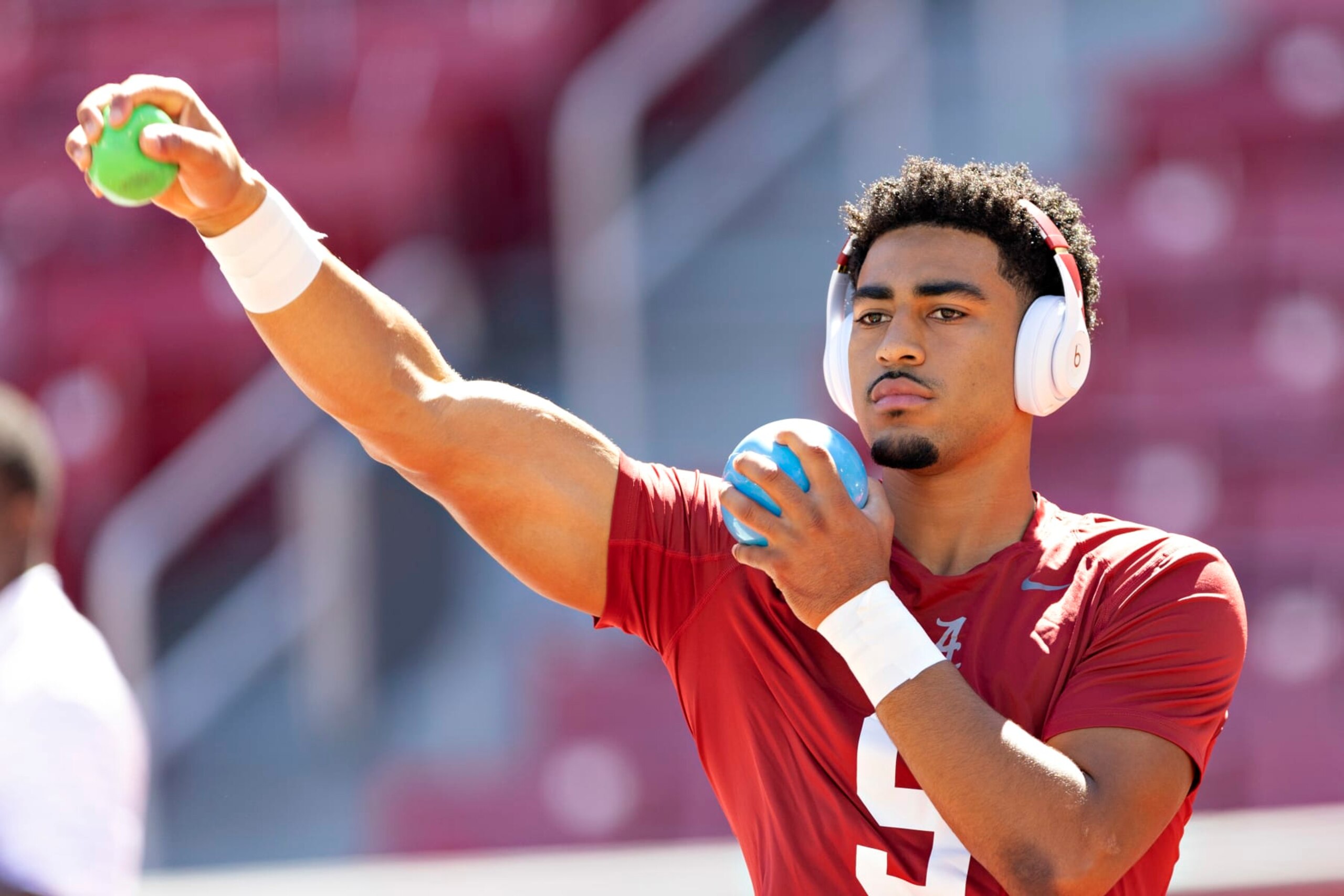FAYETTEVILLE, ARKANSAS - OCTOBER 01: Bryce Young #9 of the Alabama Crimson Tide walks into the stadium before a game against the Arkansas Razorbacks at Donald W. Reynolds Razorback Stadium on October 01, 2022 in Fayetteville, Arkansas. (Photo by Wesley Hitt/Getty Images)