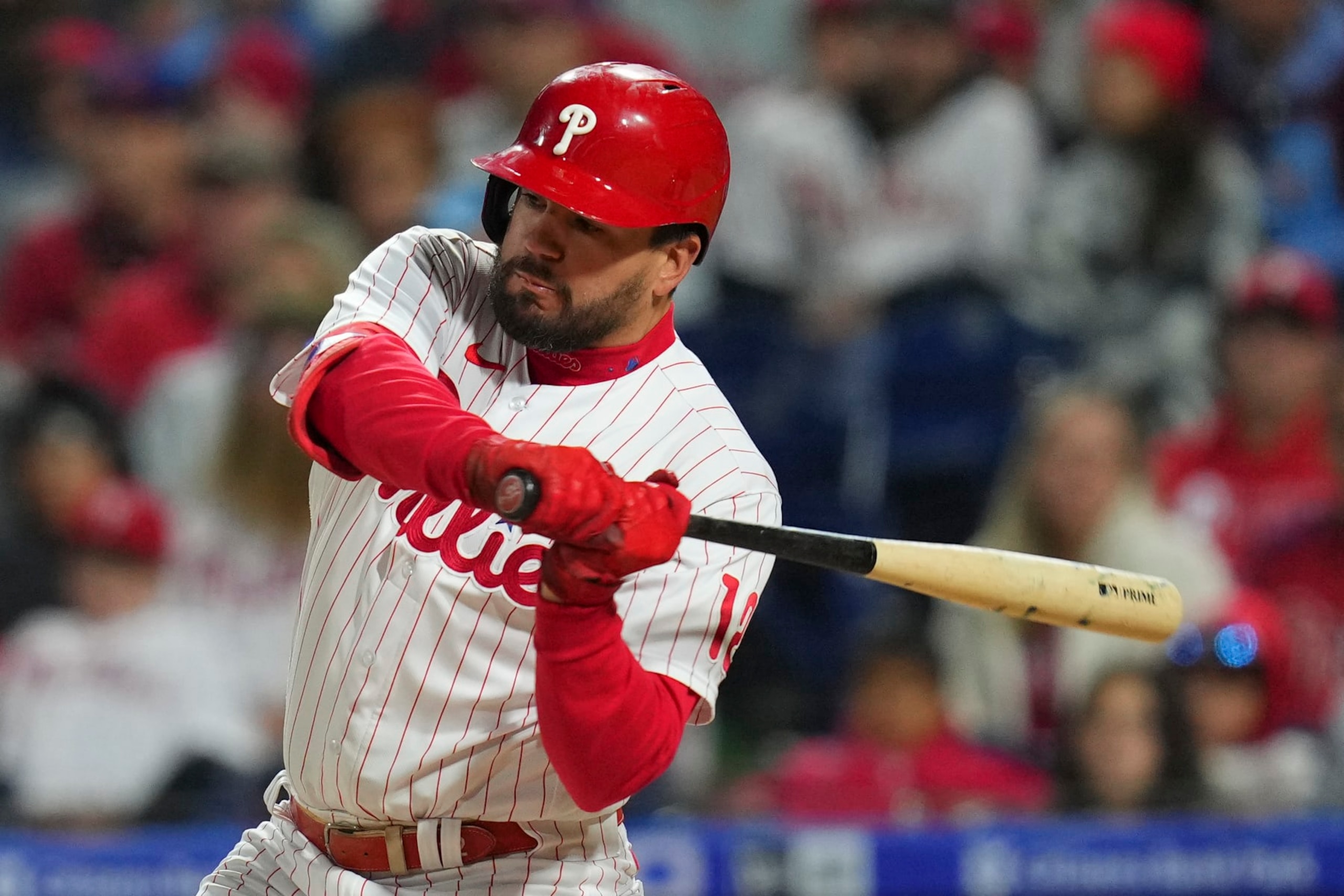 PHILADELPHIA, PA - SEPTEMBER 23: Kyle Schwarber #12 of the Philadelphia Phillies bats against the Atlanta Braves at Citizens Bank Park on September 23, 2022 in Philadelphia, Pennsylvania. The Phillies defeated the Braves 9-1. (Photo by Mitchell Leff/Getty Images)
