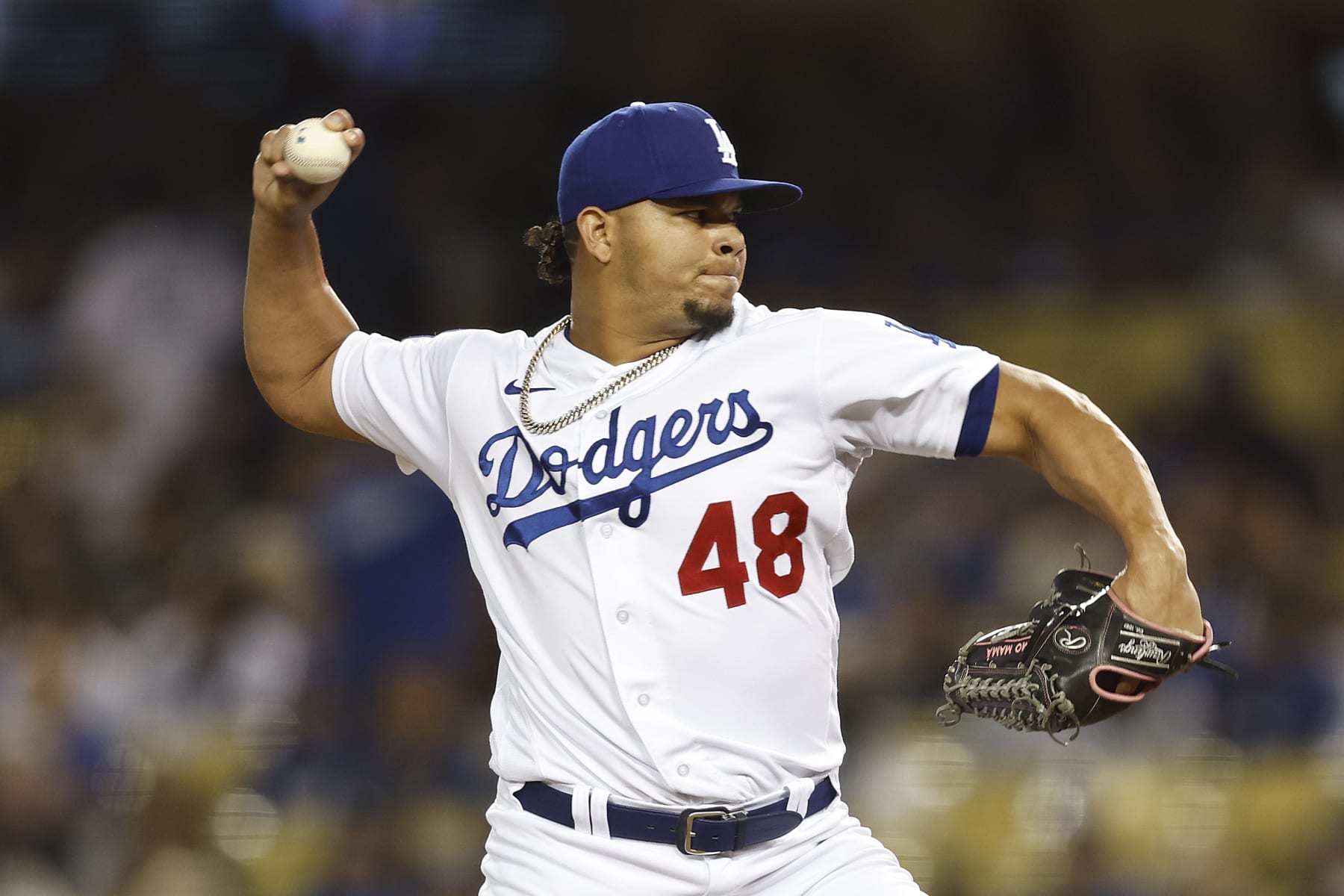 LOS ANGELES, CALIFORNIA - OCTOBER 01: Brusdar Graterol #48 of the Los Angeles Dodgers pitches against the Colorado Rockies during the ninth inning at Dodger Stadium on October 01, 2022 in Los Angeles, California. (Photo by Michael Owens/Getty Images)
