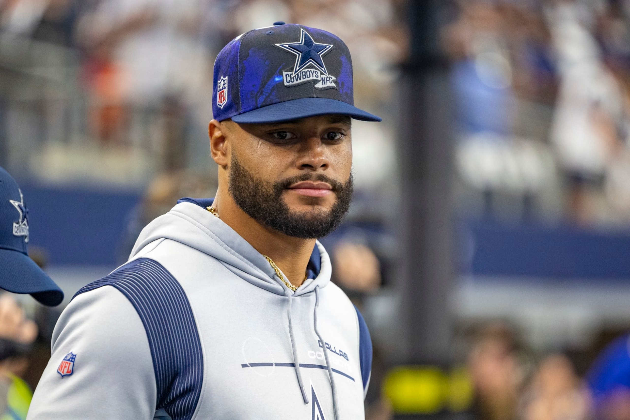 ARLINGTON, TEXAS - SEPTEMBER 18: Dak Prescott #4 of the Dallas Cowboys on the field before a game against the Cincinnati Bengals at AT&T Stadium on September 18, 2022 in Arlington, Texas. The Cowboys defeated the Bengals 20-17.  (Photo by Wesley Hitt/Getty Images)