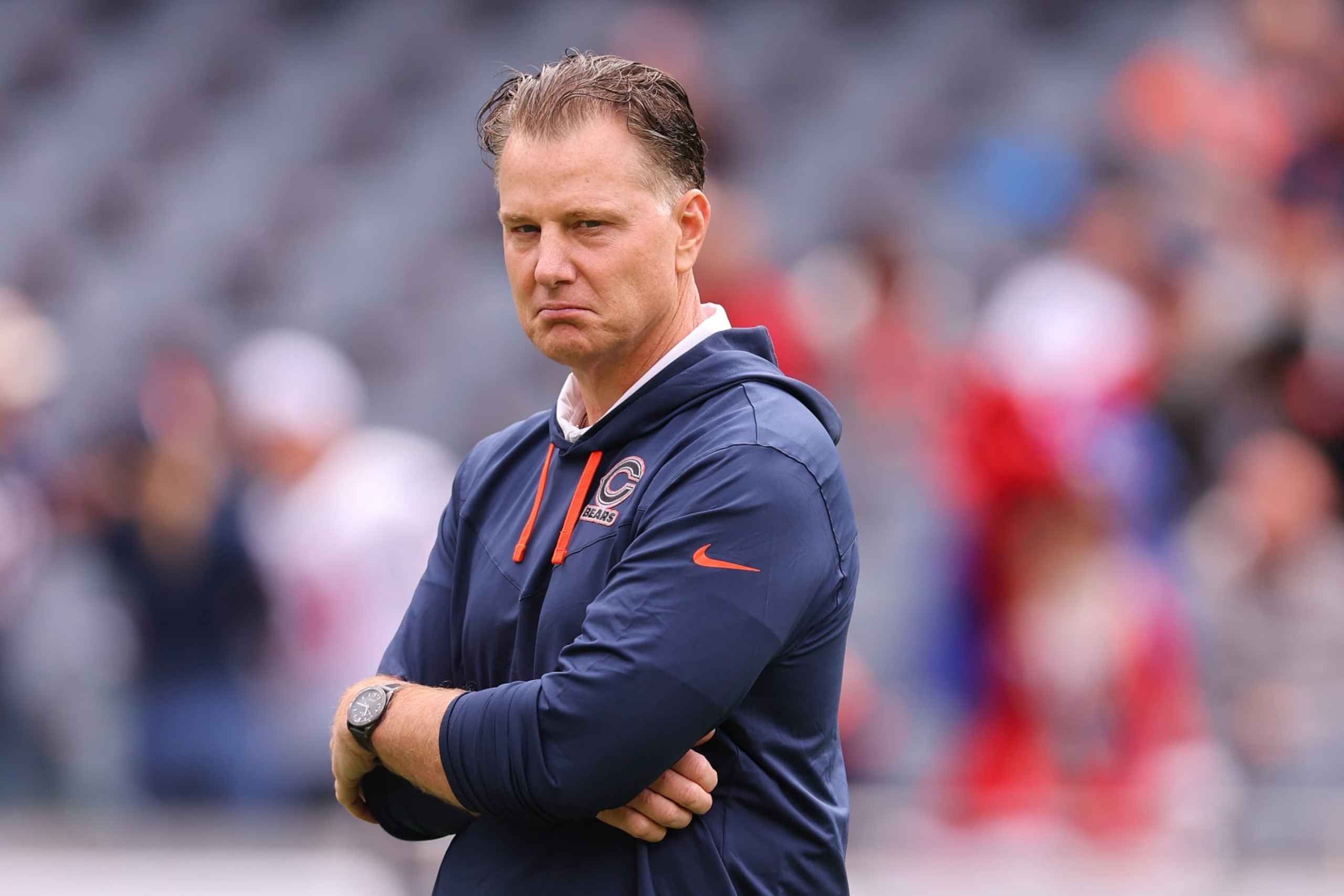CHICAGO, ILLINOIS - SEPTEMBER 25: Head coach Matt Eberflus of the Chicago Bears looks on against the Houston Texans at Soldier Field on September 25, 2022 in Chicago, Illinois. (Photo by Michael Reaves/Getty Images)