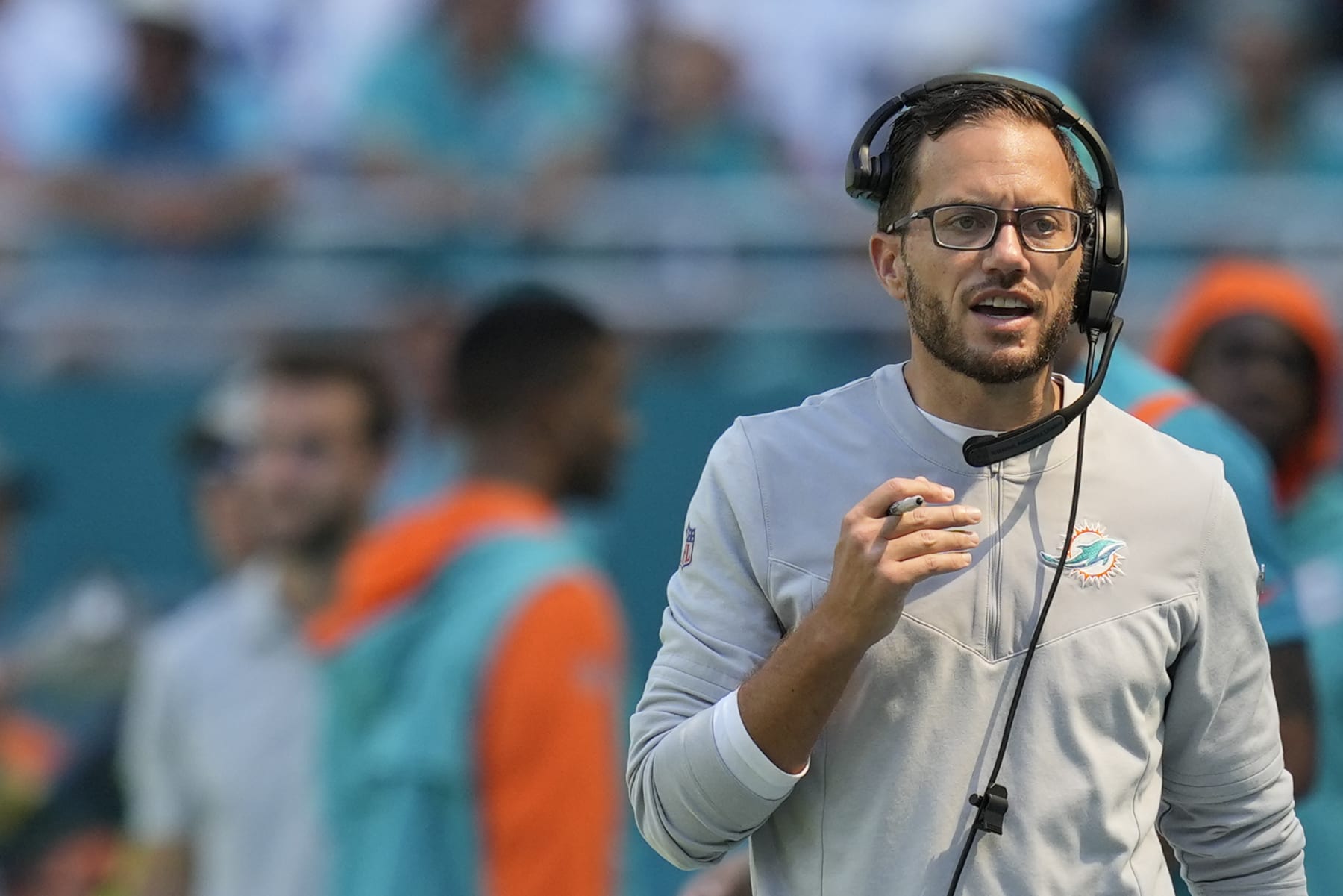 Miami Dolphins head coach Mike McDaniel walks on the sideline during the second half of an NFL football game against the New England Patriots, Sunday, Sept. 11, 2022, in Miami Gardens, Fla. (AP Photo/Rebecca Blackwell)