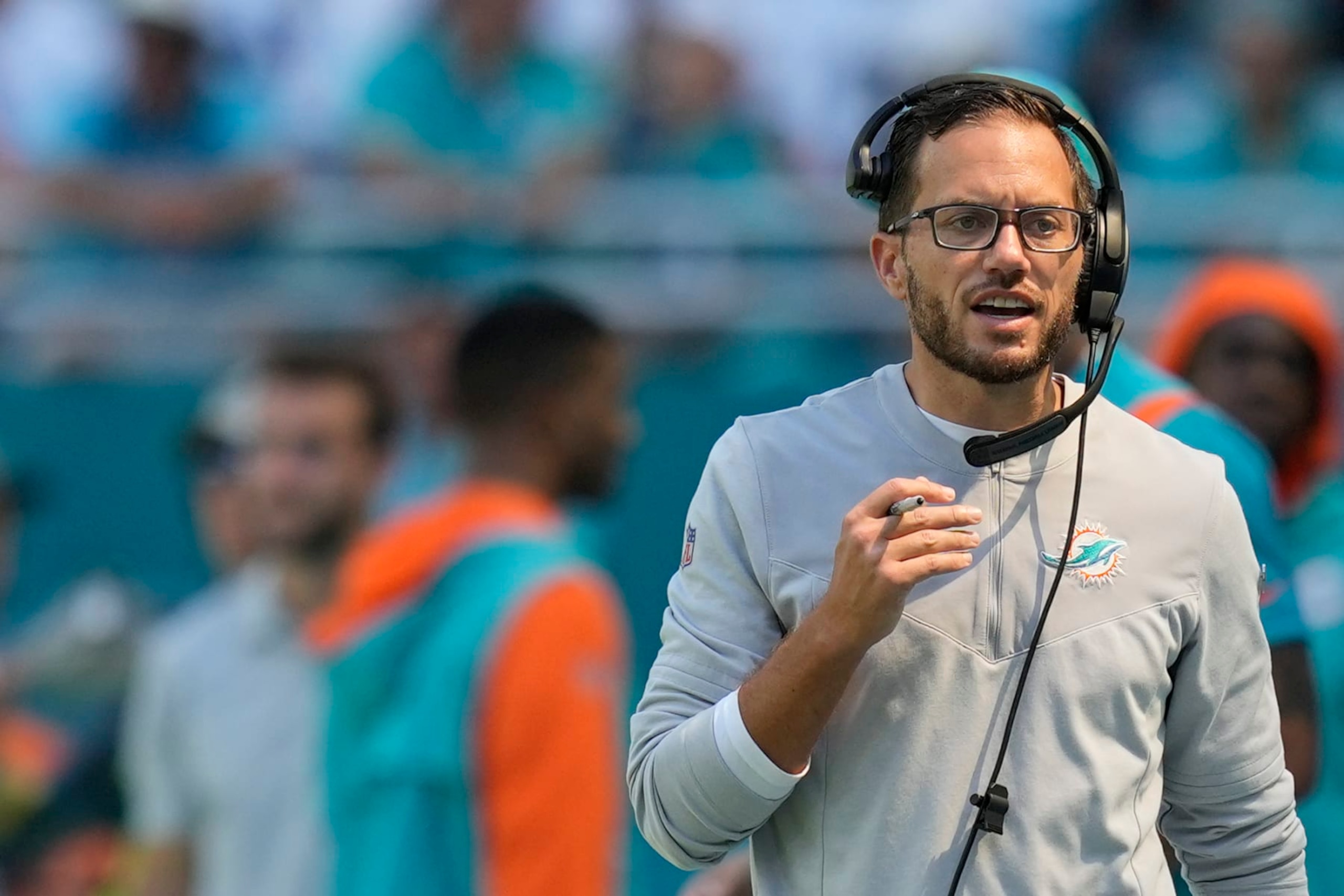 Miami Dolphins head coach Mike McDaniel walks on the sideline during the second half of an NFL football game against the New England Patriots, Sunday, Sept. 11, 2022, in Miami Gardens, Fla. (AP Photo/Rebecca Blackwell)