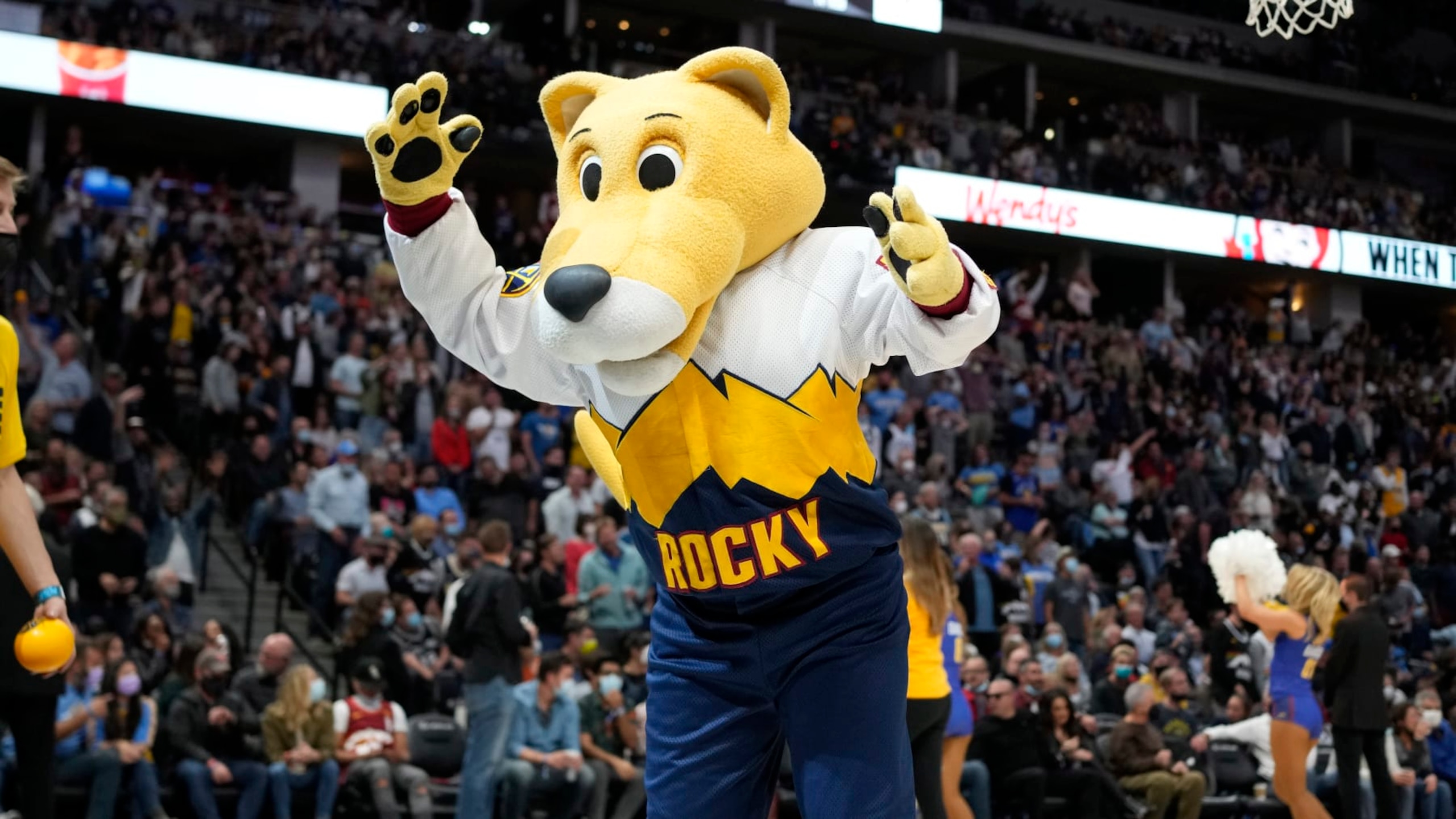 Denver Nuggets mascot Rocky the mountain lion in the second half of an NBA basketball game Friday, Oct. 22, 2021, in Denver. The Nuggets won 102-96. (AP Photo/David Zalubowski) Denver Nuggets mascot Rocky the mountain lion in the second half of an NBA basketball game Friday, Oct. 22, 2021, in Denver. The Nuggets won 102-96. (AP Photo/David Zalubowski)