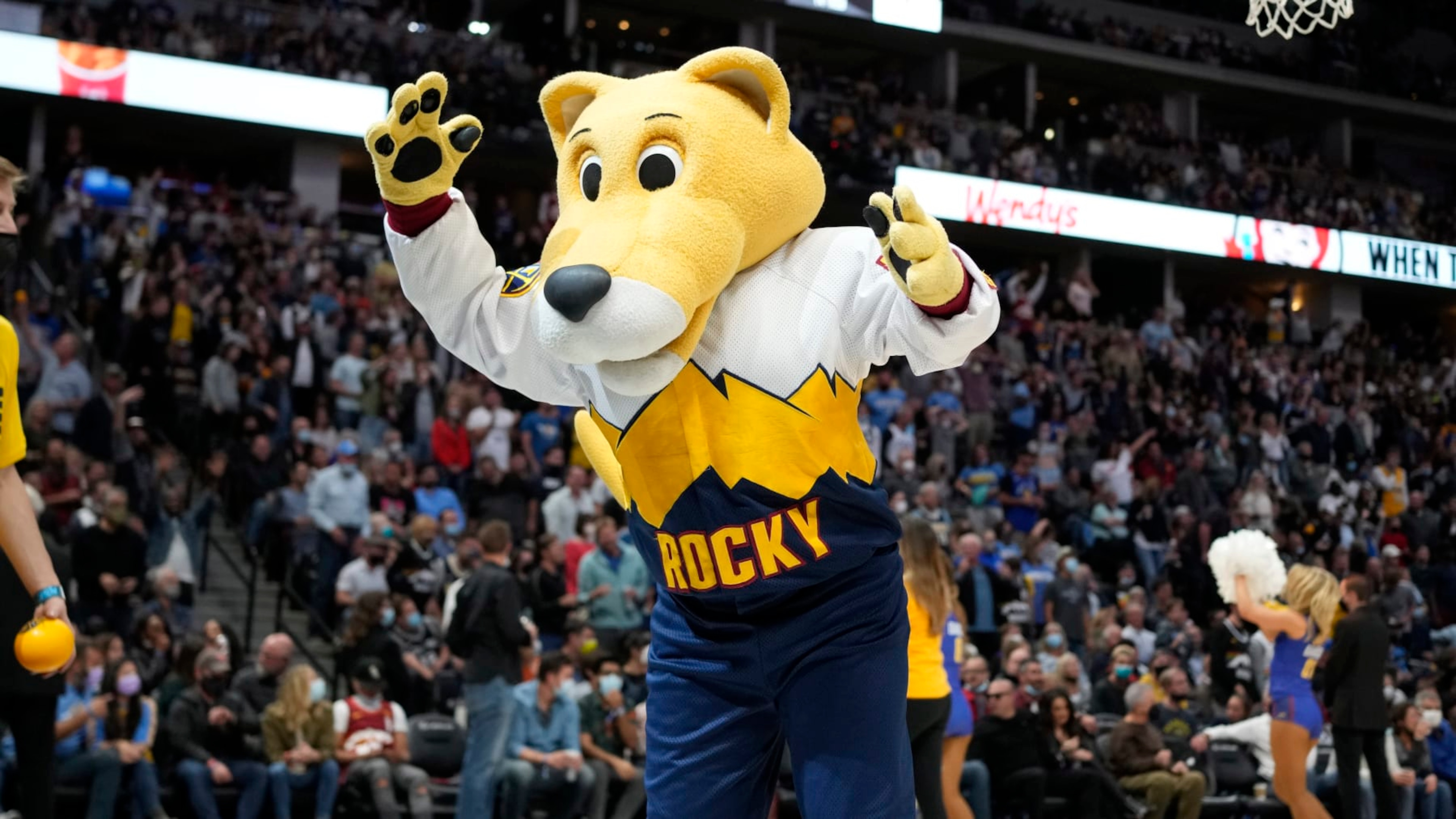 Denver Nuggets mascot Rocky the mountain lion in the second half of an NBA basketball game Friday, Oct. 22, 2021, in Denver. The Nuggets won 102-96. (AP Photo/David Zalubowski)