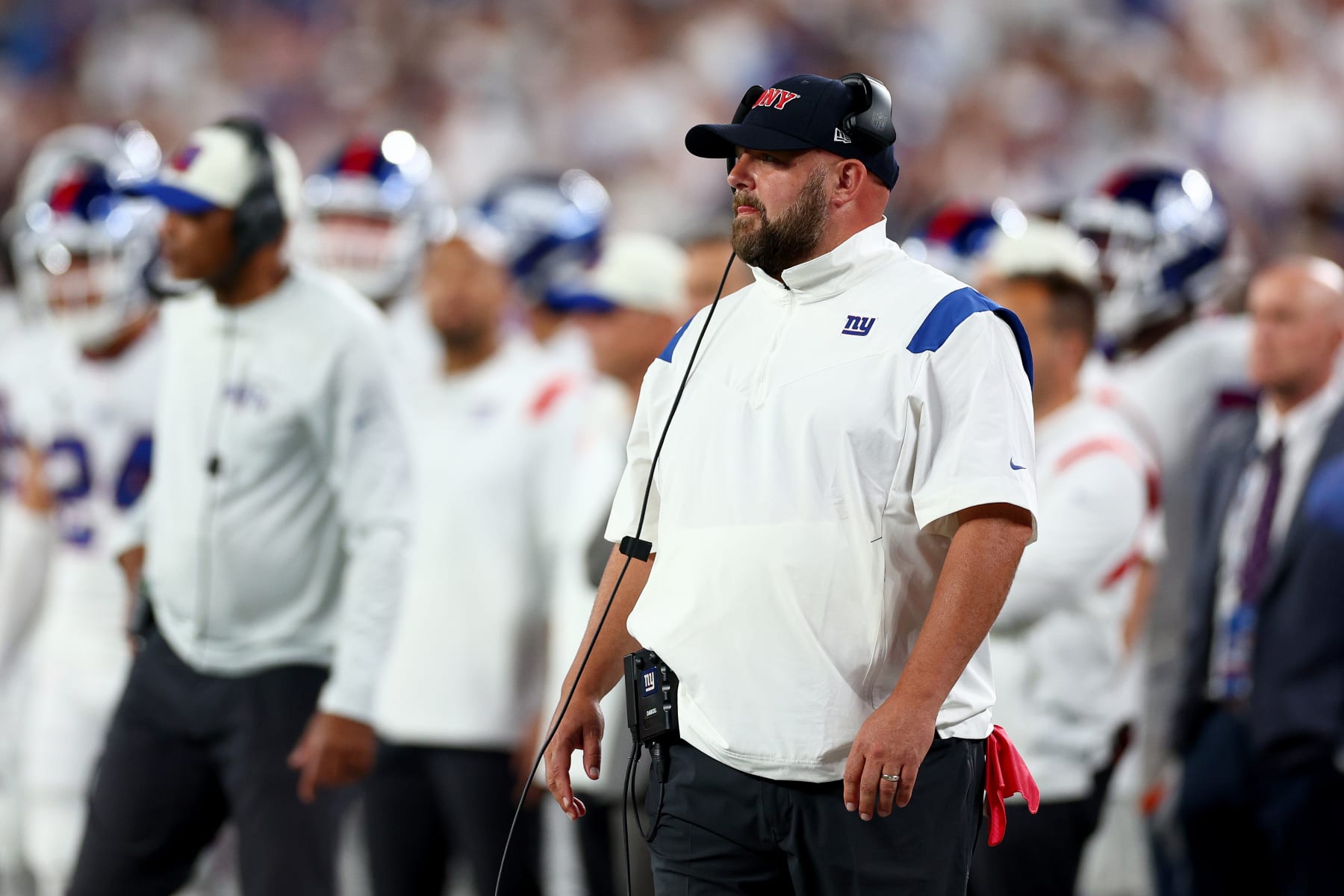 EAST RUTHERFORD, NEW JERSEY - SEPTEMBER 26: Head coach Brian Daboll of the New York Giants looks on against the Dallas Cowboys during the first quarter in the game at MetLife Stadium on September 26, 2022 in East Rutherford, New Jersey. (Photo by Elsa/Getty Images)