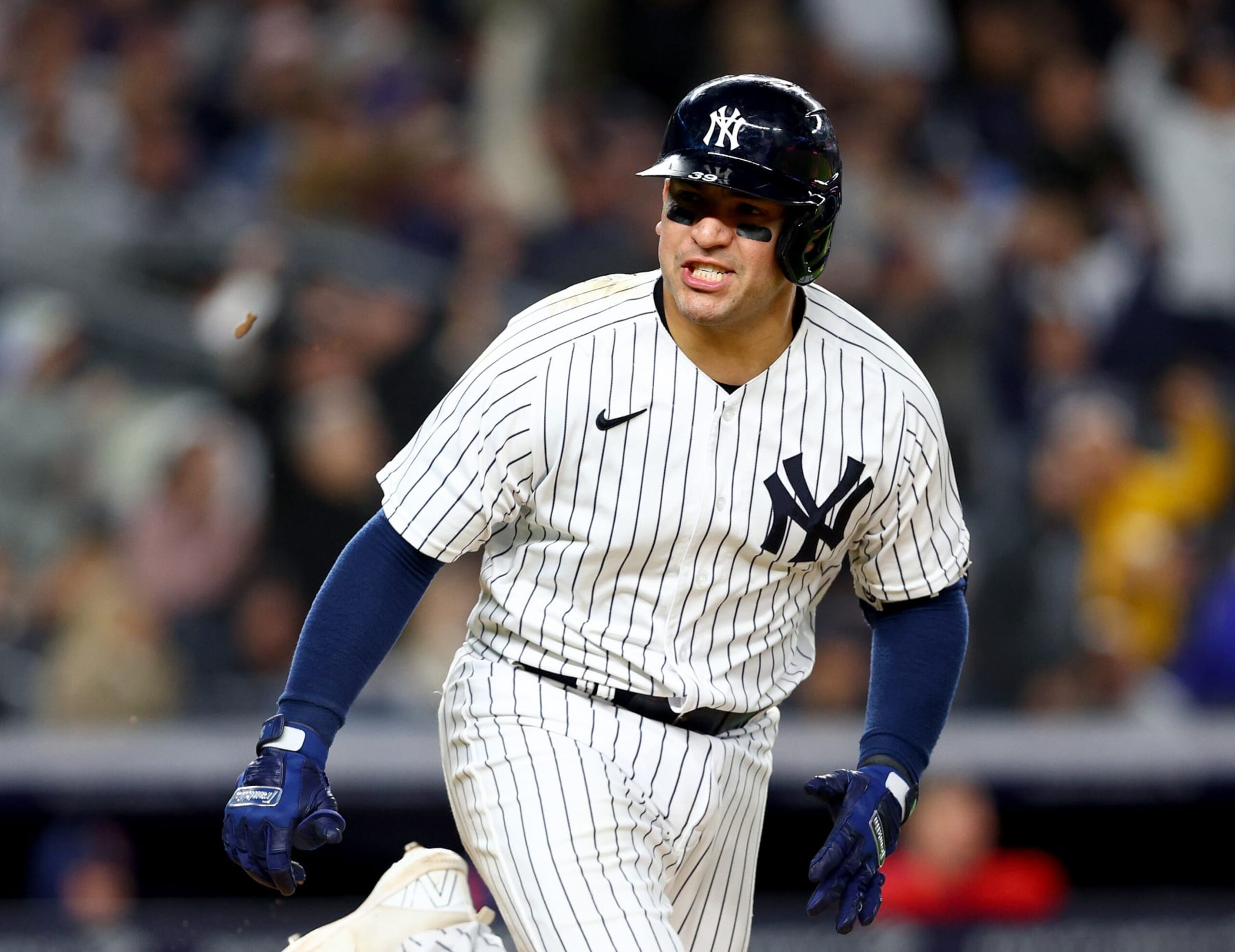 NEW YORK, NEW YORK - SEPTEMBER 23:  Jose Trevino #39 of the New York Yankees celebrates after he drove in the game winning run in the eighth inning against the Boston Red Sox at Yankee Stadium on September 23, 2022 in the Bronx borough of New York City. The New York Yankees defeated the Boston Red Sox 5-4. (Photo by Elsa/Getty Images)