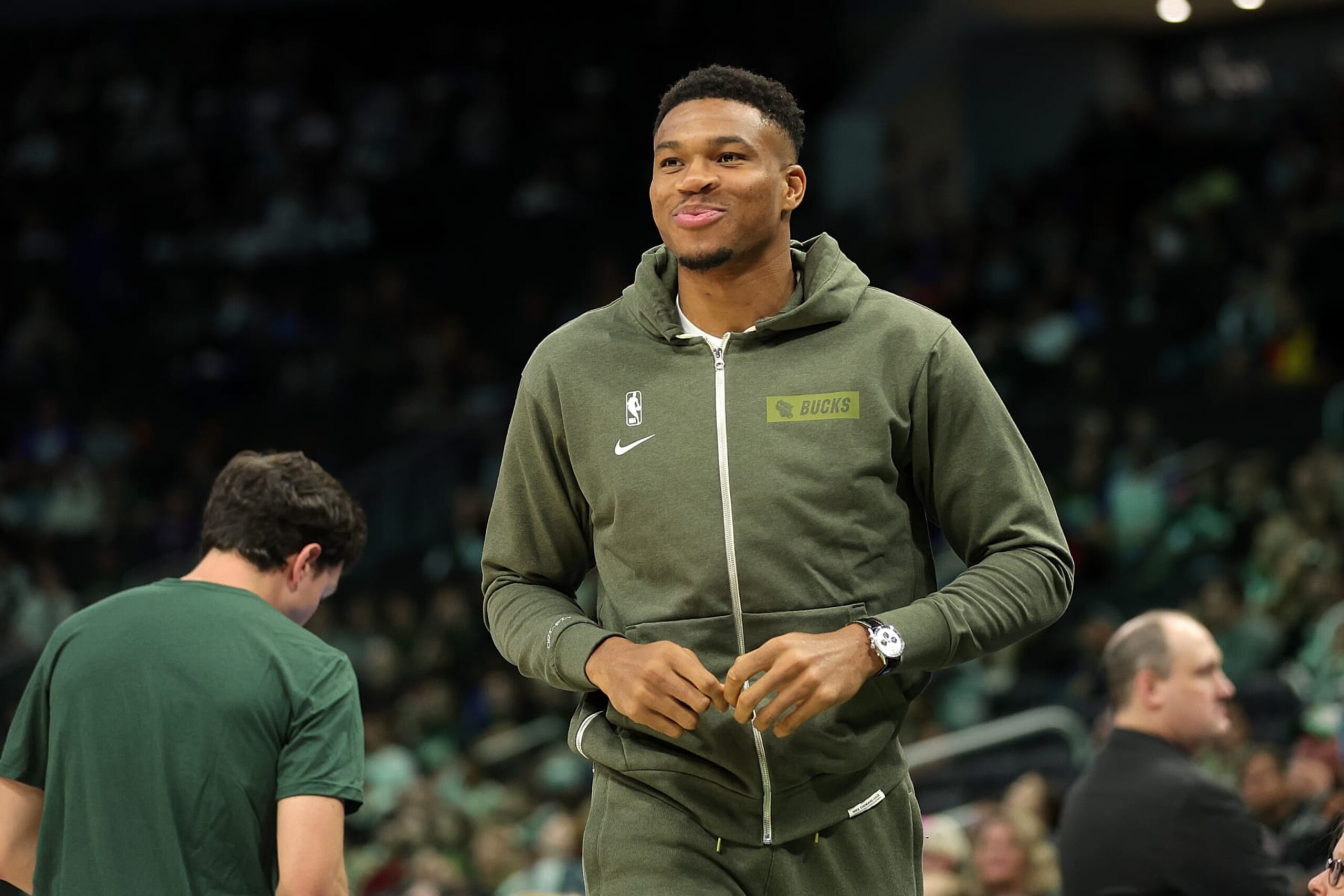 MILWAUKEE, WISCONSIN - OCTOBER 01: Giannis Antetokounmpo #34 of the Milwaukee Bucks watches action during the first half of a preseason game against the Memphis Grizzlies at Fiserv Forum on October 01, 2022 in Milwaukee, Wisconsin. NOTE TO USER: User expressly acknowledges and agrees that, by downloading and or using this photograph, User is consenting to the terms and conditions of the Getty Images License Agreement. (Photo by Stacy Revere/Getty Images)