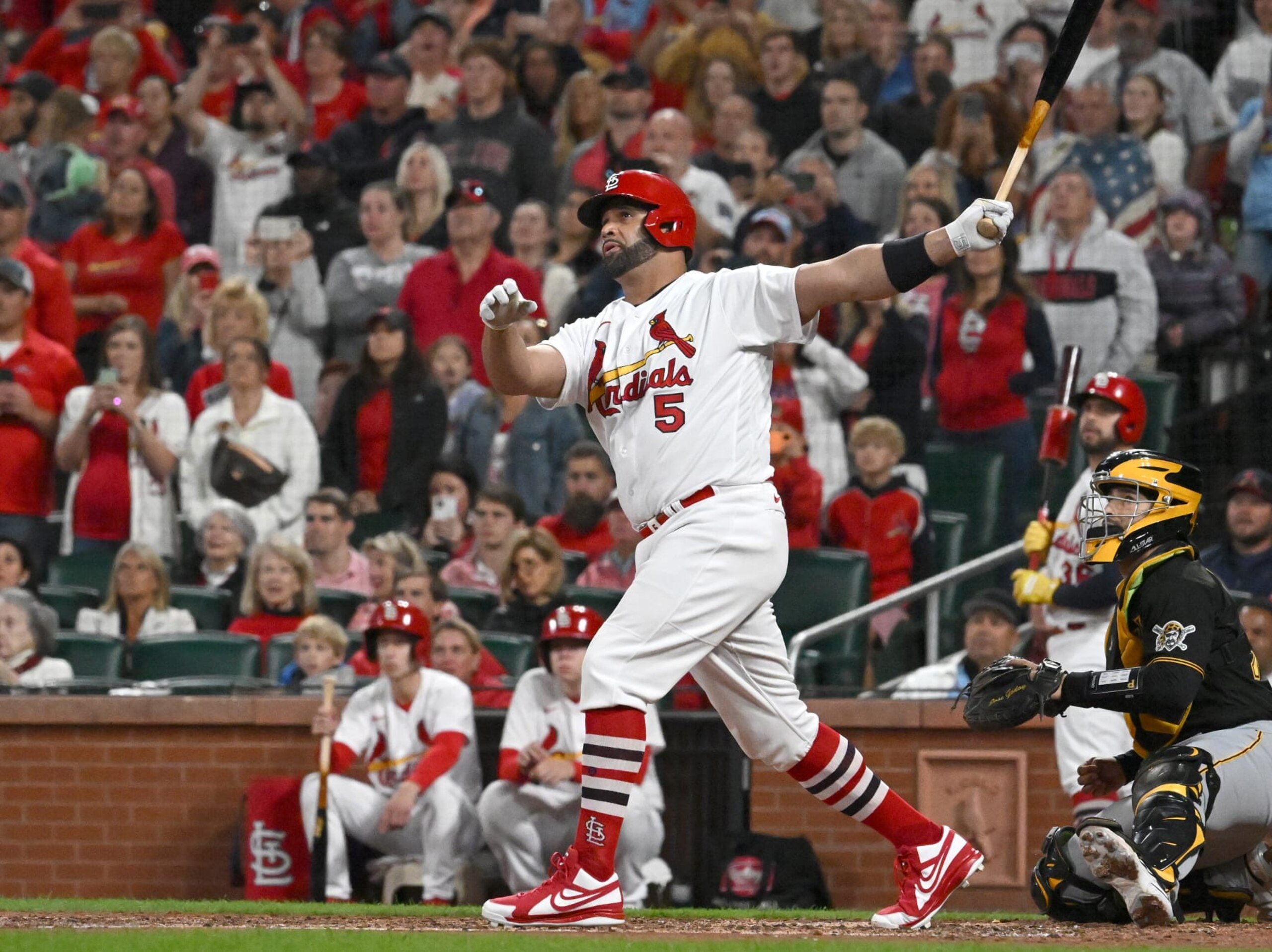 ST. LOUIS, MO - SEPTEMBER 30: St. Louis Cardinals designated hitter Albert Pujols (5) hits his 701st home run in the fourth inning during a MLB game between the Pittsburgh Pirates and the St. Louis Cardinals, September 30, 2022, at Busch Stadium, St. Louis, MO. Photo by Keith Gillett/Icon Sportswire via Getty Images),